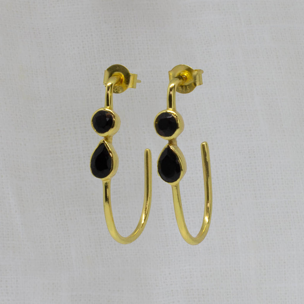 Black onyx round and teardrop gemstones in an elongated gold vermeil stud hoop - beyond biasa 