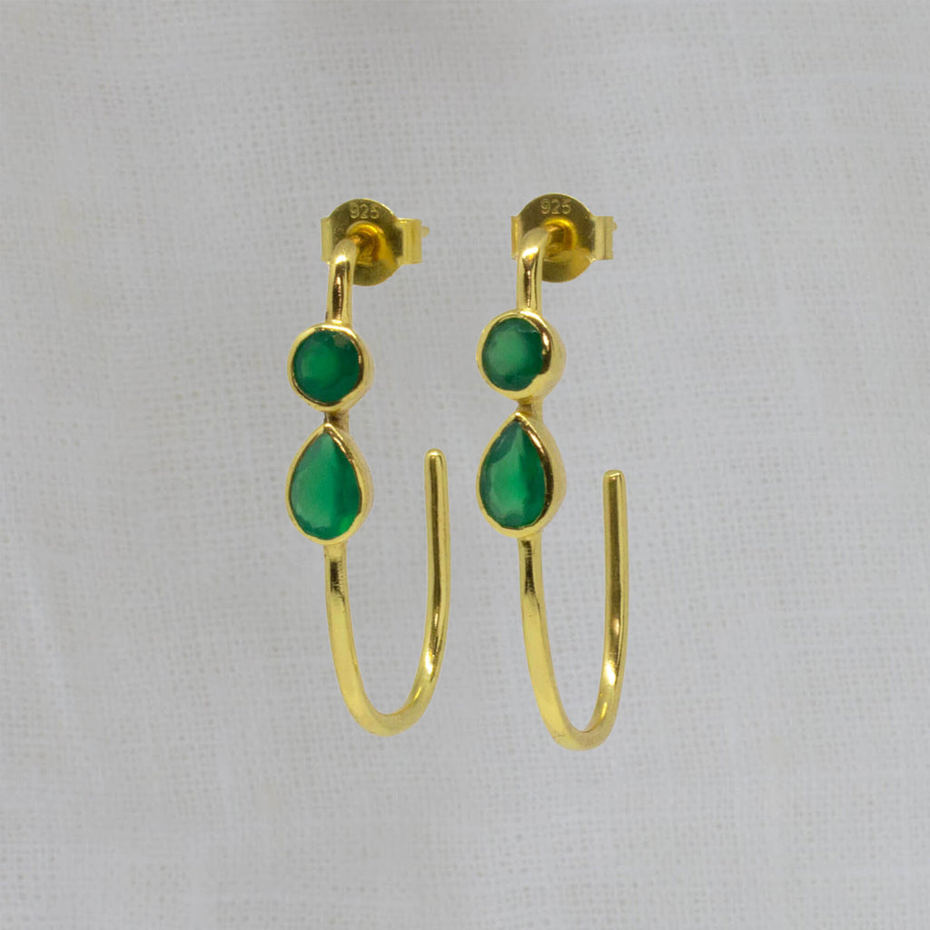 Green onyx round and teardrop gemstones in an elongated gold vermeil stud hoop - beyond biasa 