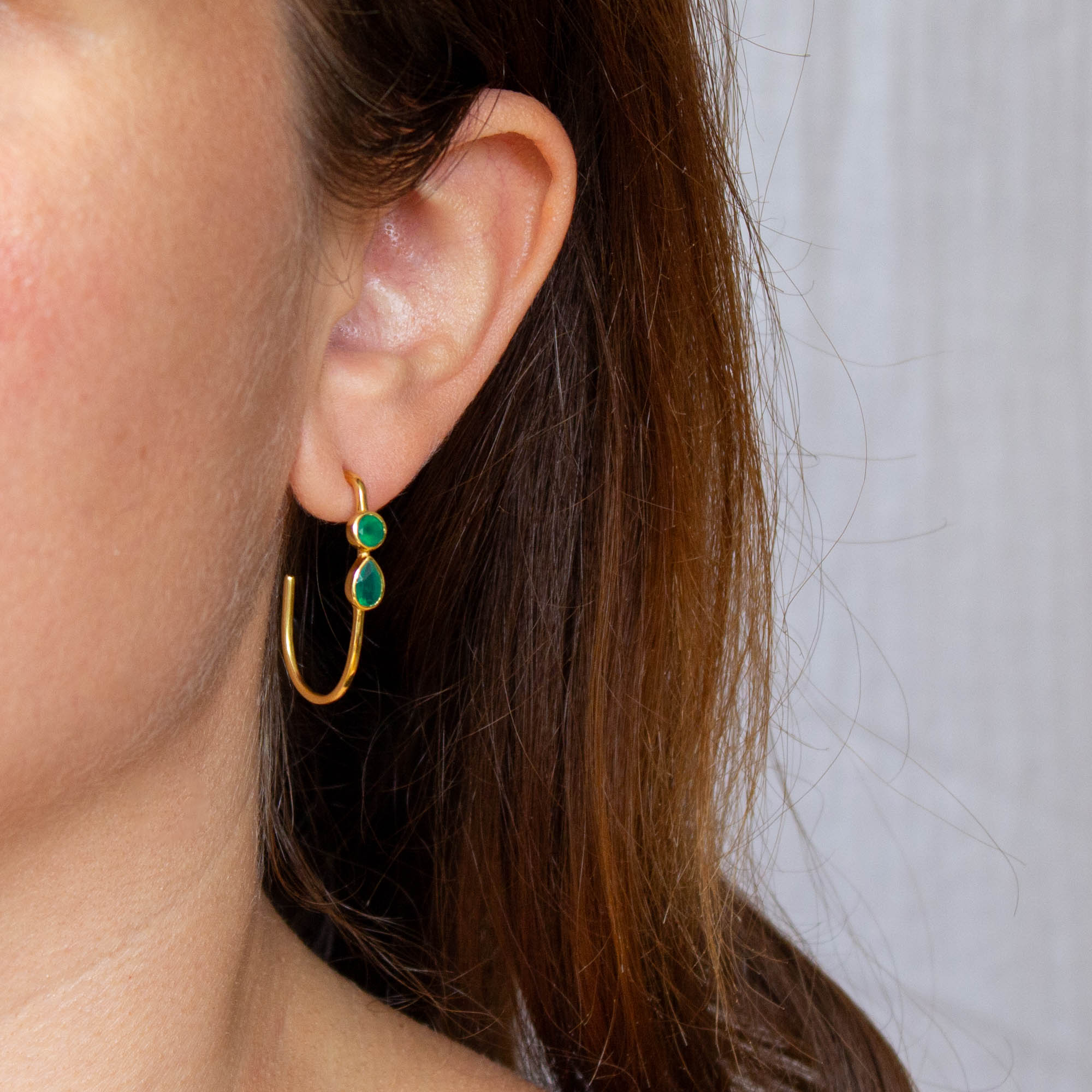 Green onyx round and teardrop gemstones in an elongated gold vermeil stud hoop - beyond biasa