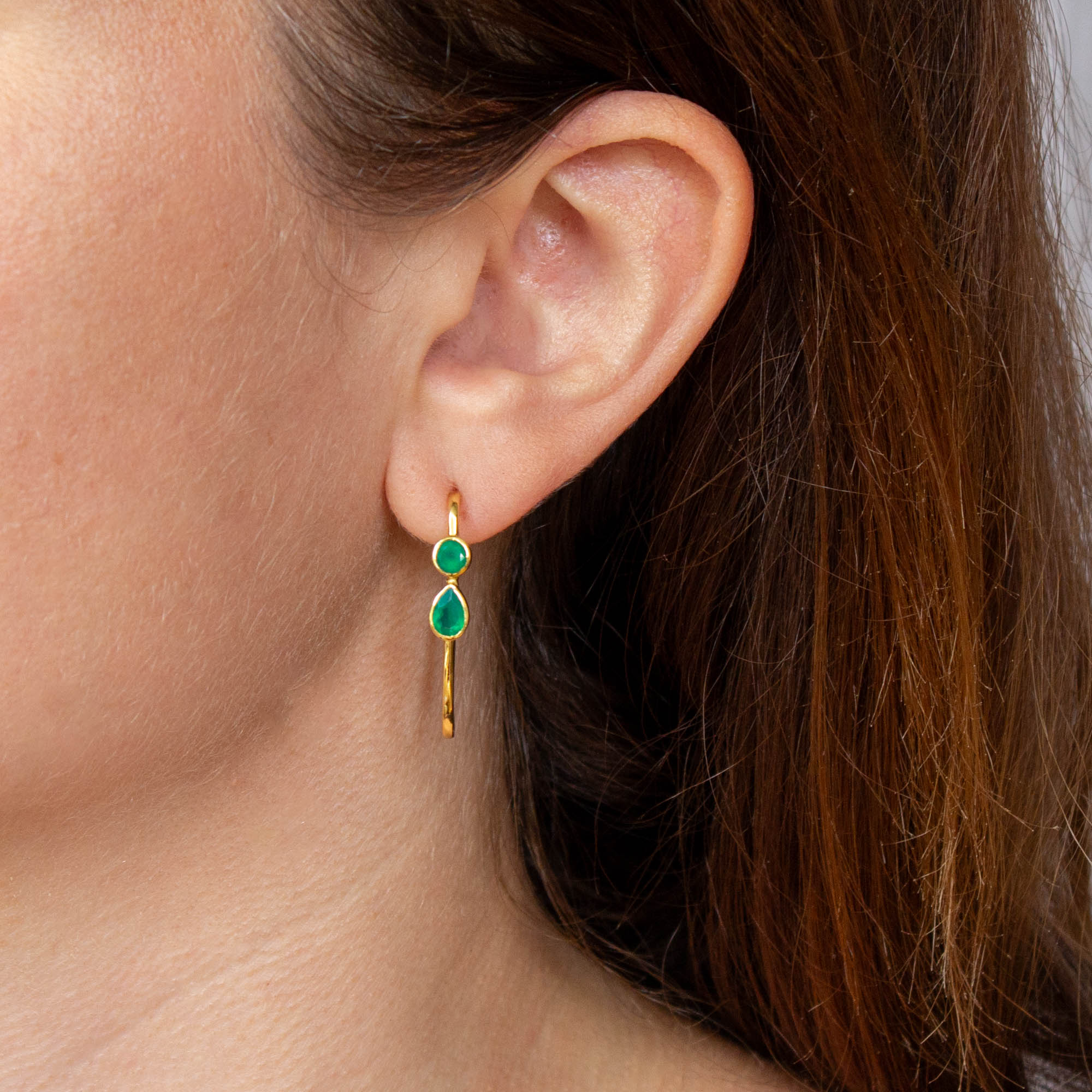 Green onyx round and teardrop gemstones in an elongated gold vermeil stud hoop - beyond biasa