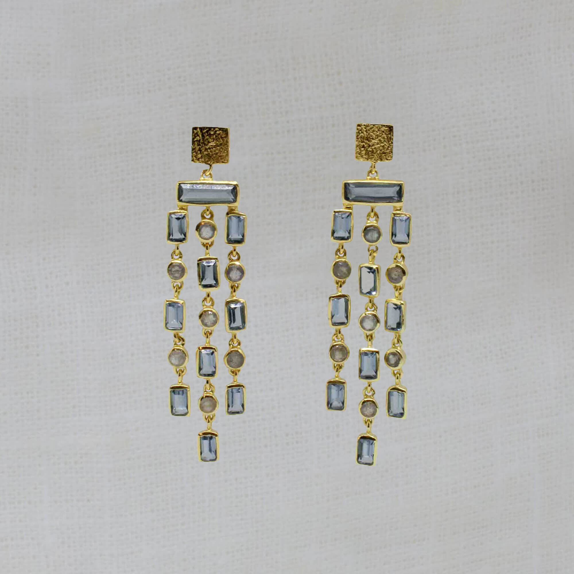 Blue kyanite and labradorite gemstone triple row chandelier style dangle earrings with textured gold vermeil stud fitting - Beyond Biasa