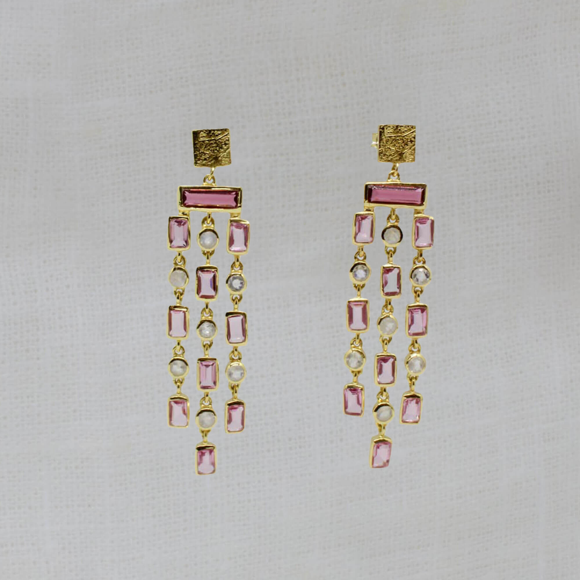 Pink quartz and rainbow moonstone gemstone triple row chandelier style dangle earrings with textured gold vermeil stud fitting - Beyond Biasa