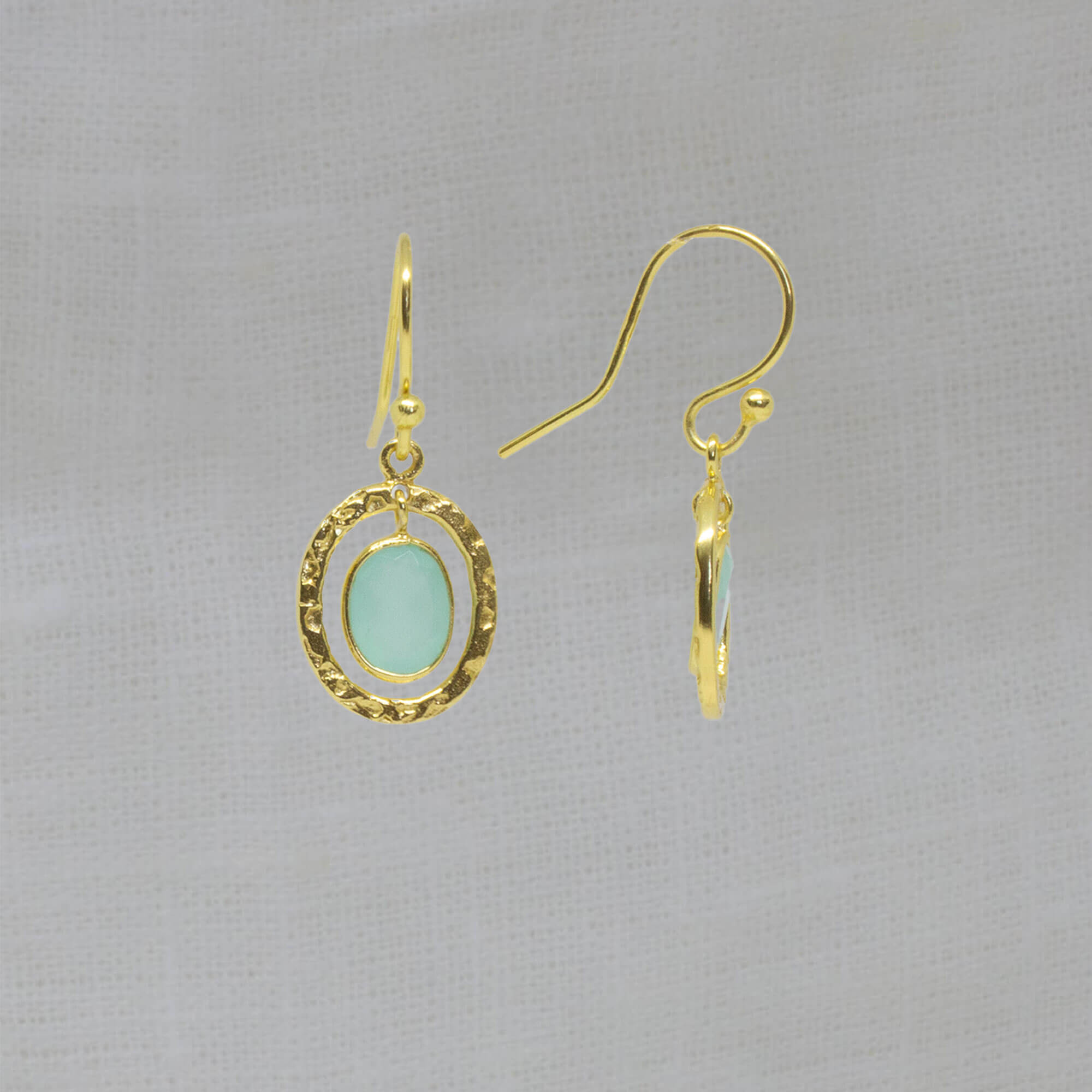 Aqua chalcedony gemstone and 18k gold vermeil hammered oval drop earrings with hook fittings - Beyond Biasa