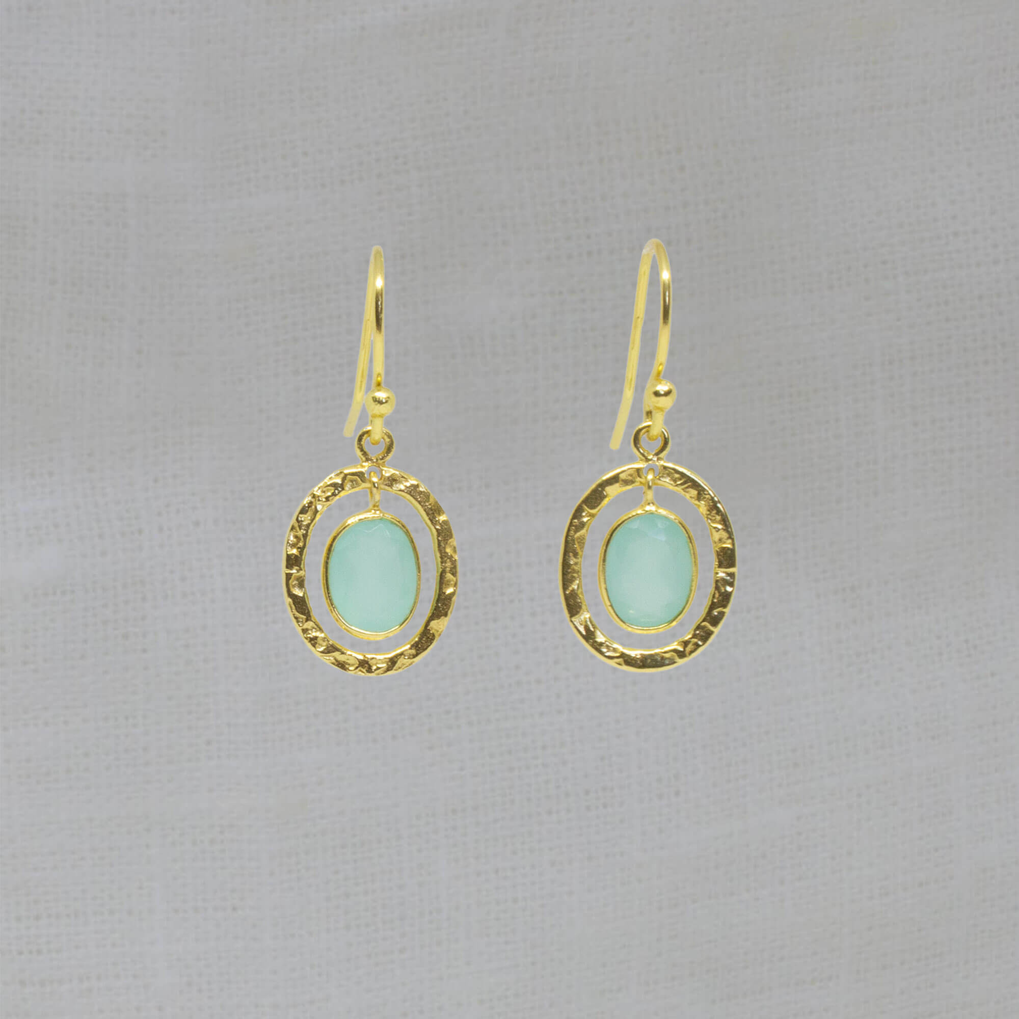 Aqua chalcedony gemstone and 18k gold vermeil hammered oval drop earrings with hook fittings - Beyond Biasa
