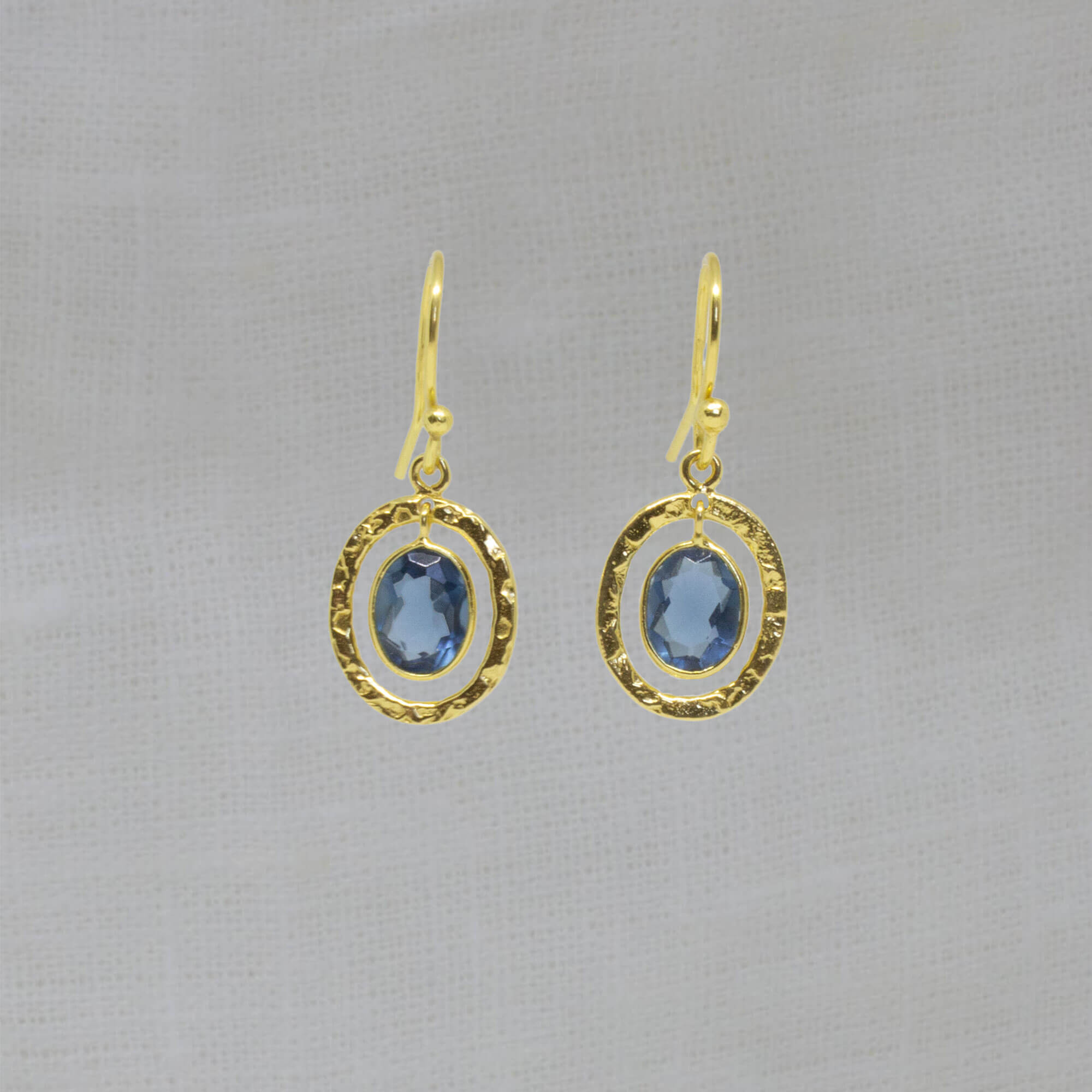Blue kyanite gemstone and 18k gold vermeil hammered oval drop earrings with hook fittings - Beyond Biasa