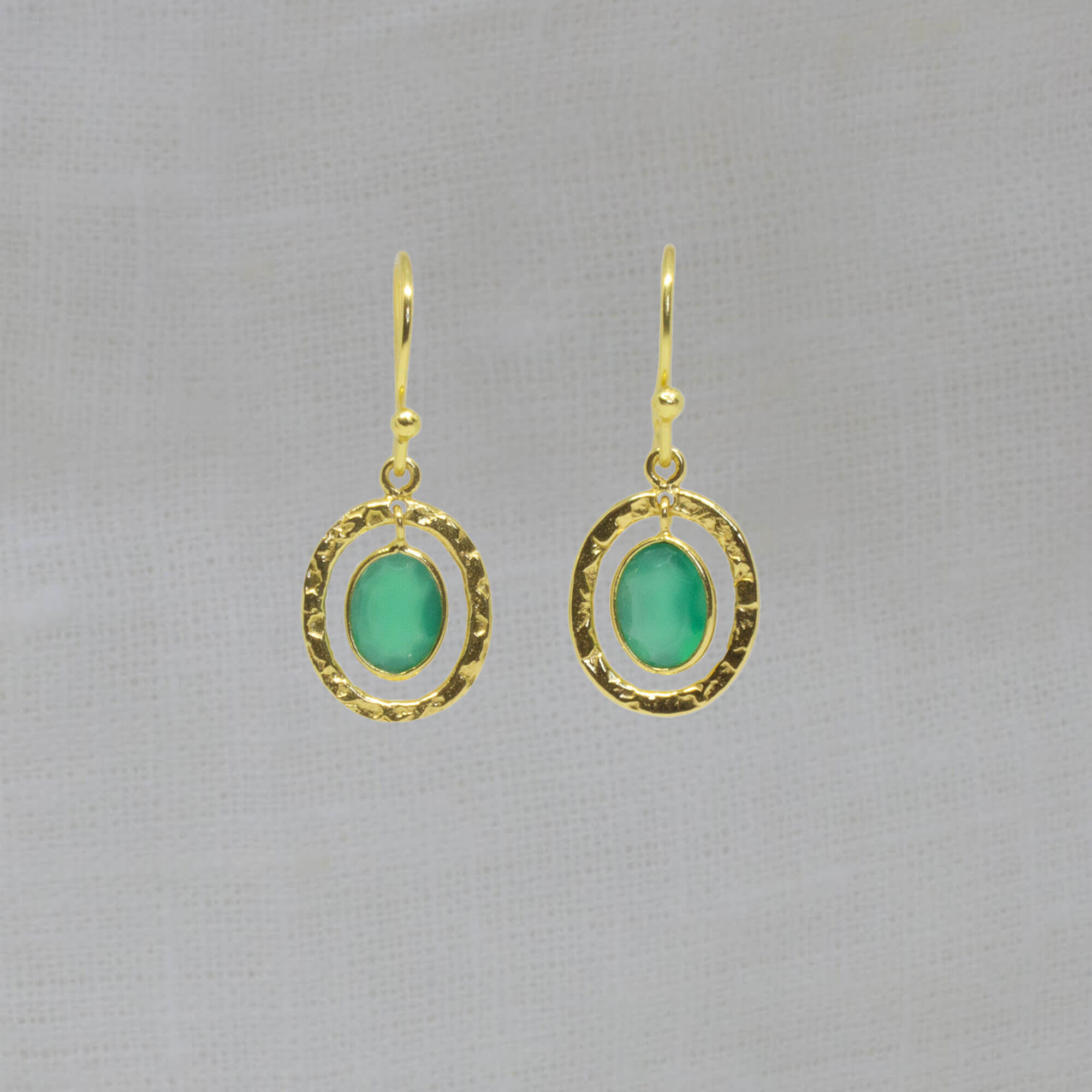 Green onyx gemstone and 18k gold vermeil hammered oval drop earrings with hook fittings - Beyond Biasa