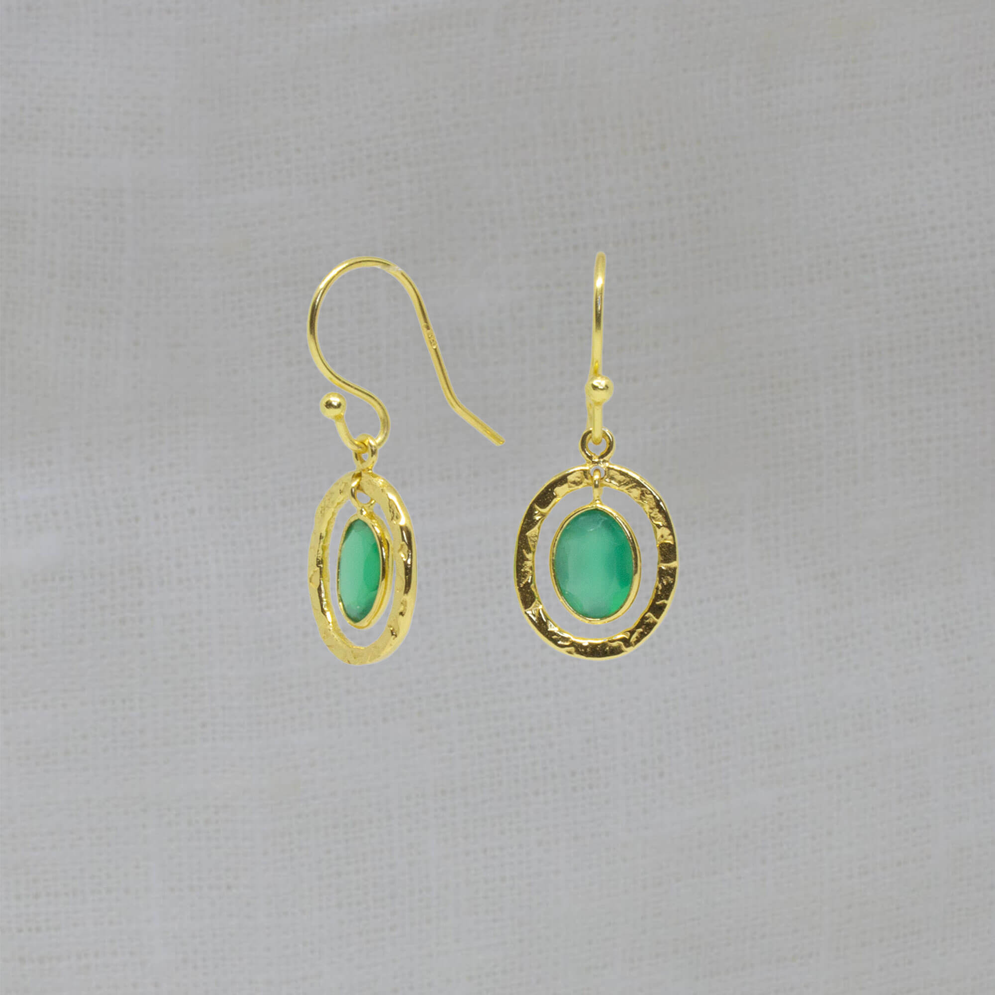 Green onyx gemstone and 18k gold vermeil hammered oval drop earrings with hook fittings - Beyond Biasa