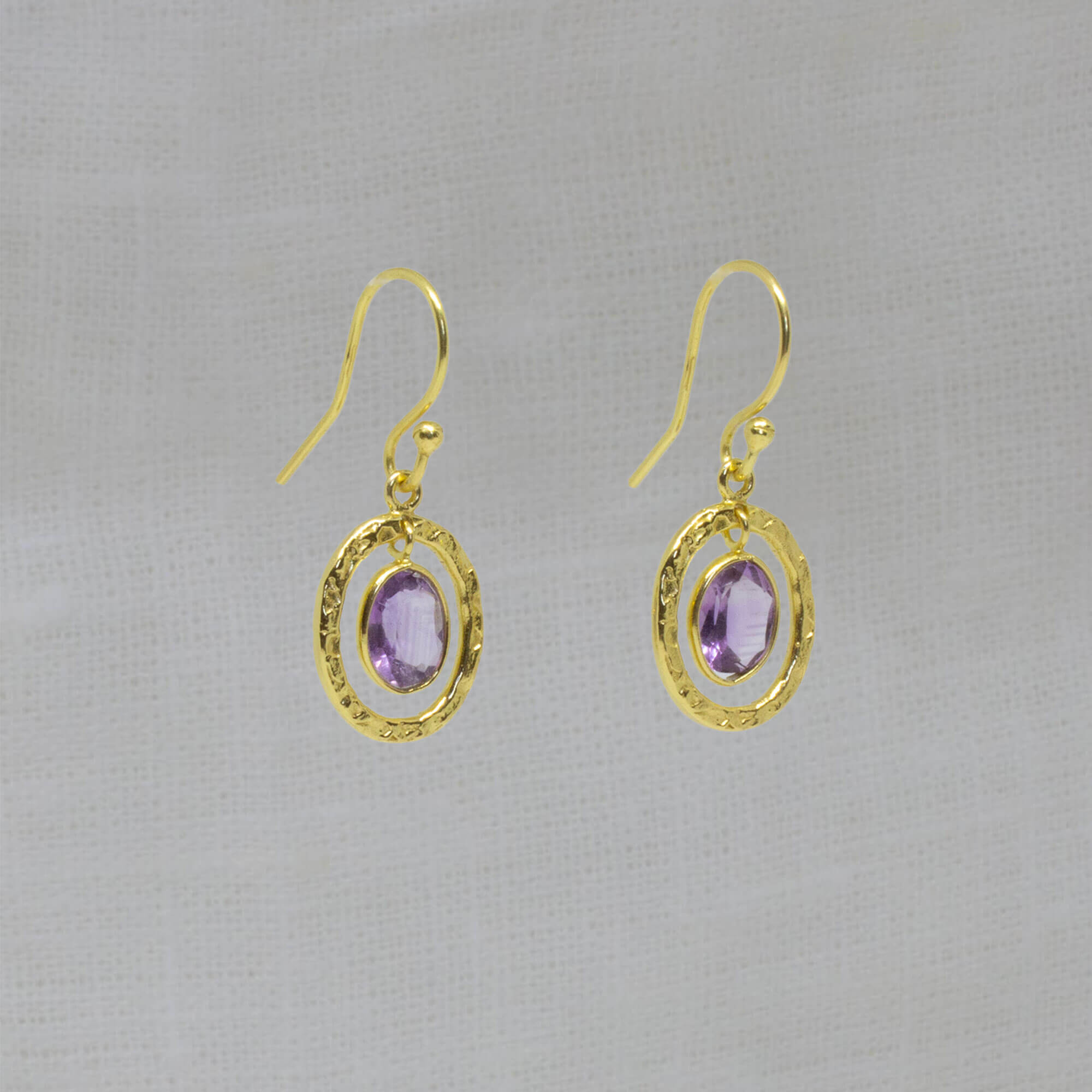 Purple amethyst gemstone and 18k gold vermeil hammered oval drop earrings with hook fittings - Beyond Biasa