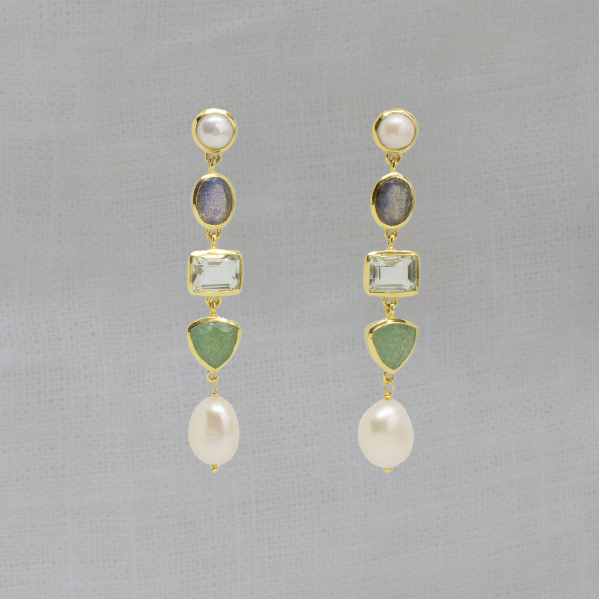 Long gemstone multi stone dangle earrings in 18k gold vermeil, with freshwater pearl, labradorite, green amethyst and aventurine - Beyond Biasa