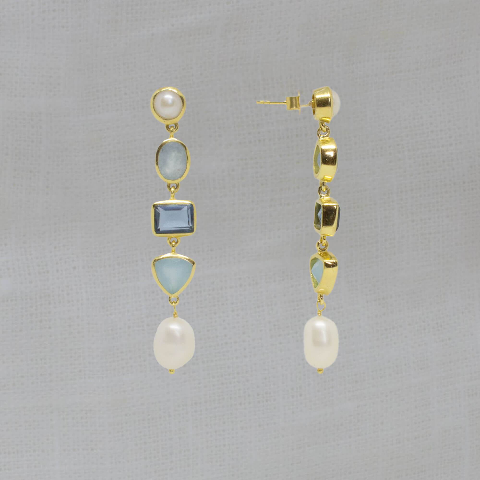 Long gemstone multi stone dangle earrings in 18k gold vermeil, with freshwater pearl, blue chalcedony and kyanite - Beyond Biasa