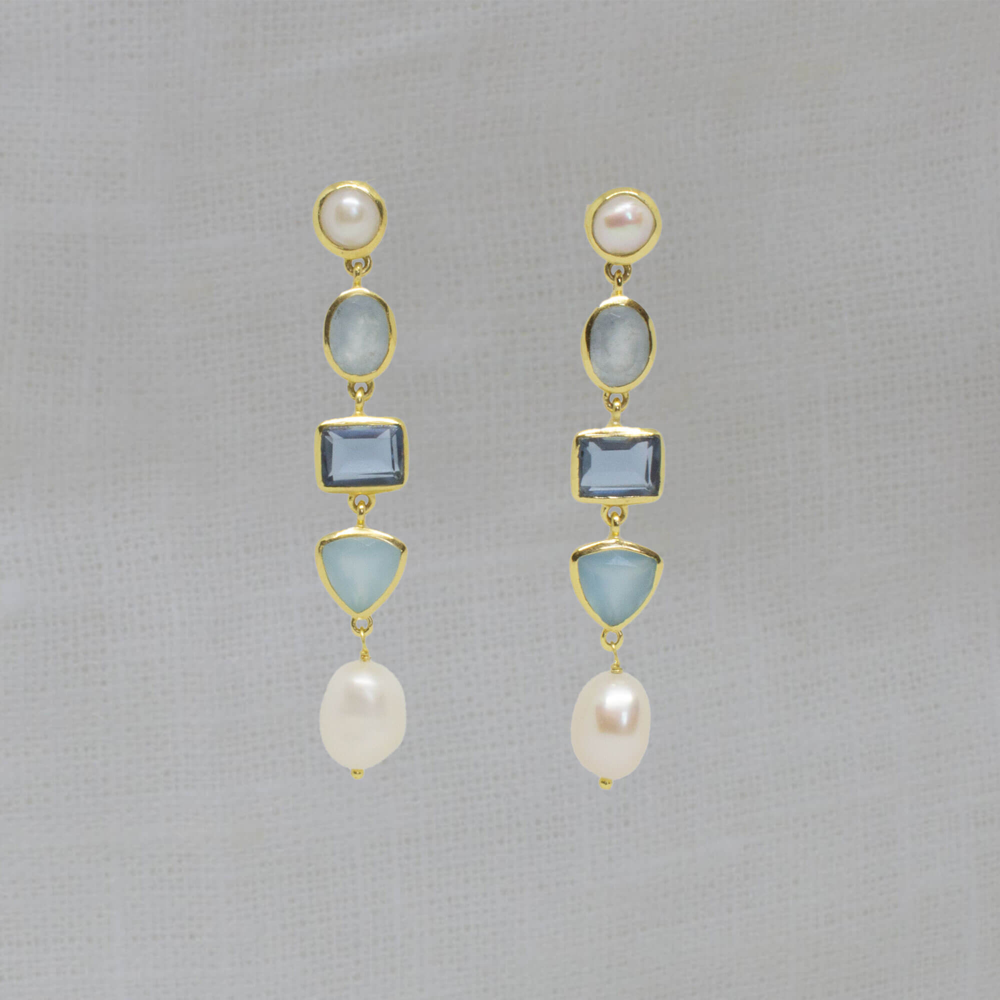 Long gemstone multi stone dangle earrings in 18k gold vermeil, with freshwater pearl, blue chalcedony and kyanite - Beyond Biasa