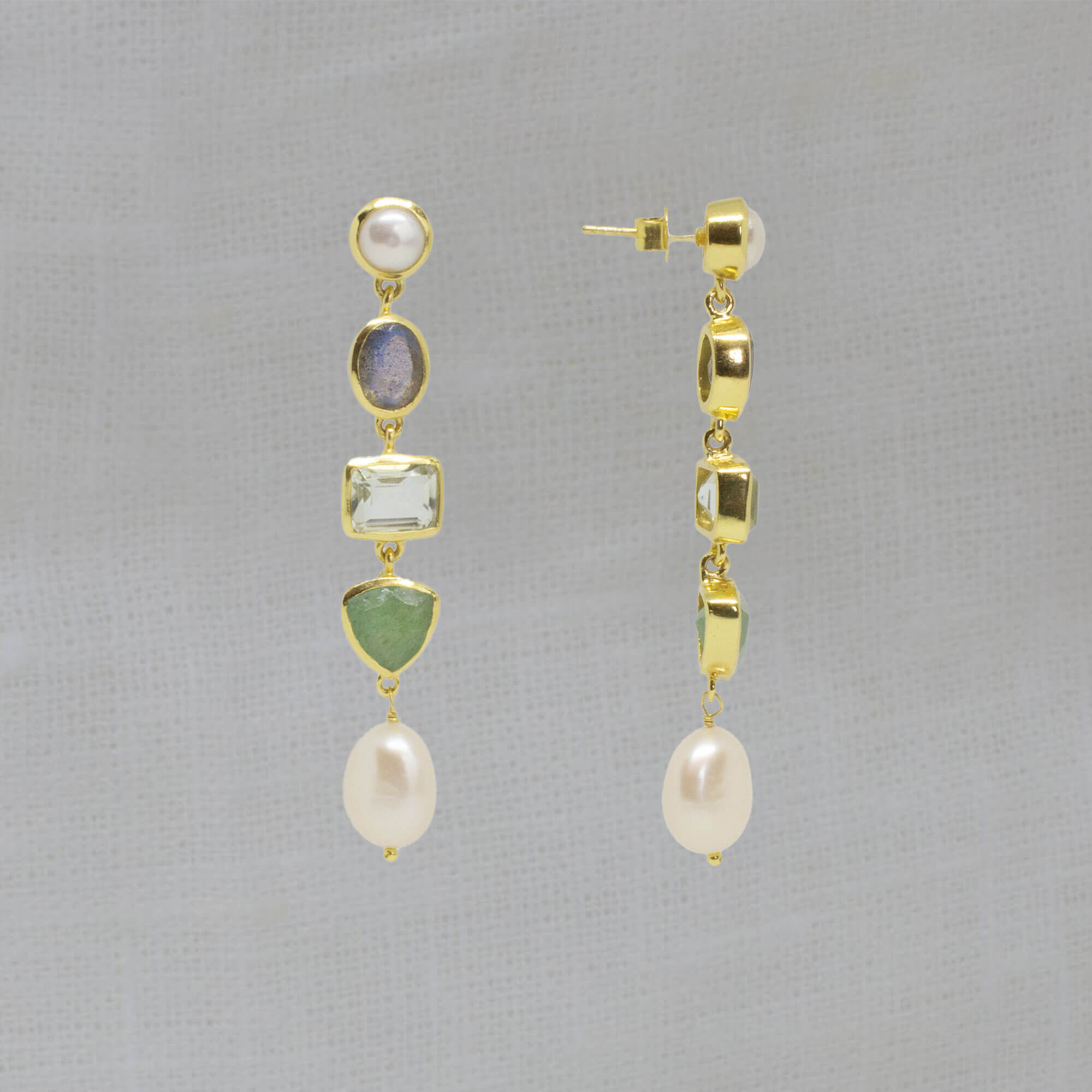 Long gemstone multi stone dangle earrings in 18k gold vermeil, with freshwater pearl, labradorite, green amethyst and aventurine - Beyond Biasa
