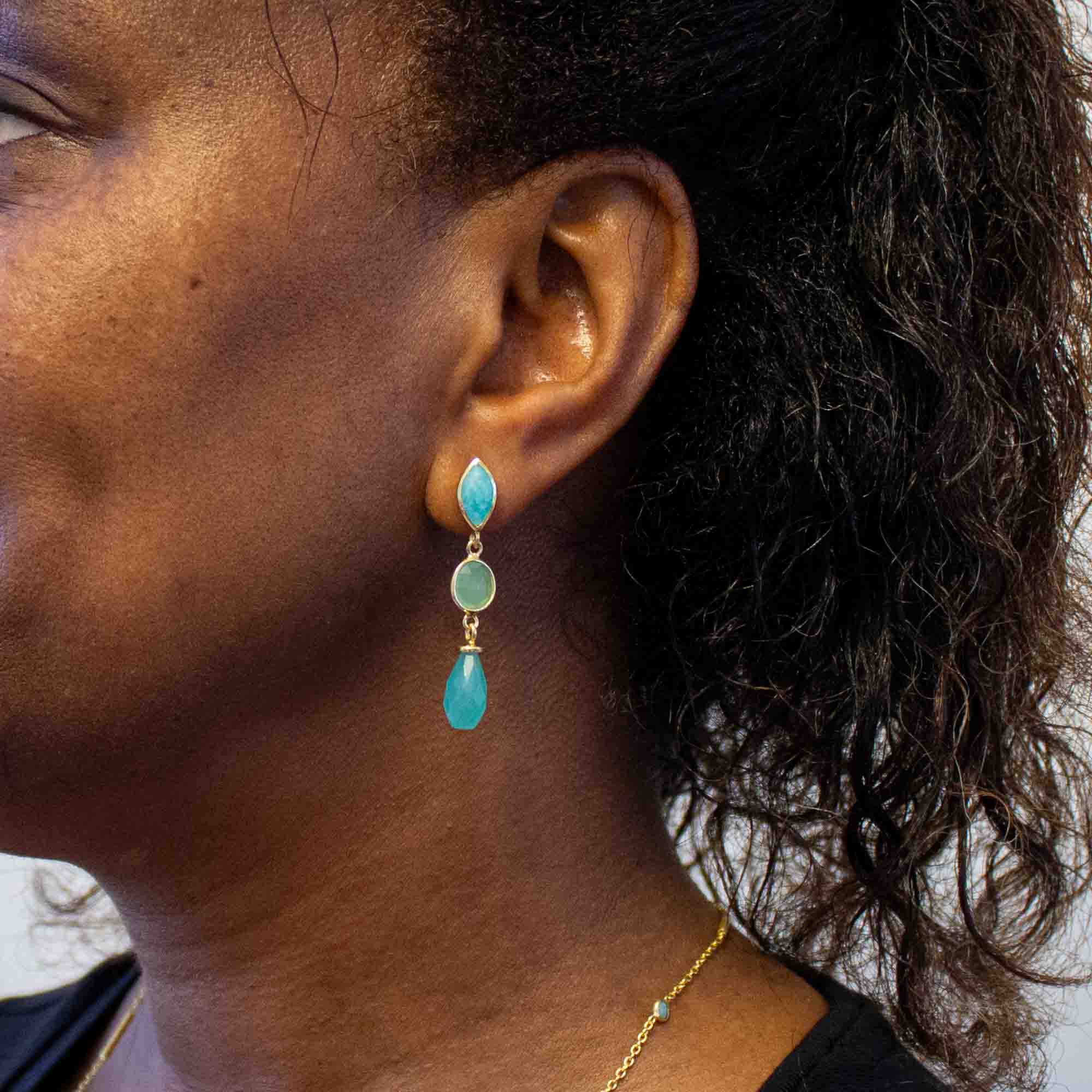 model wearing 18k gold vermeil dangle earrings with a stud fitting - amazonite, prehnite and aqua chalcedony gemstones | Beyond Biasa