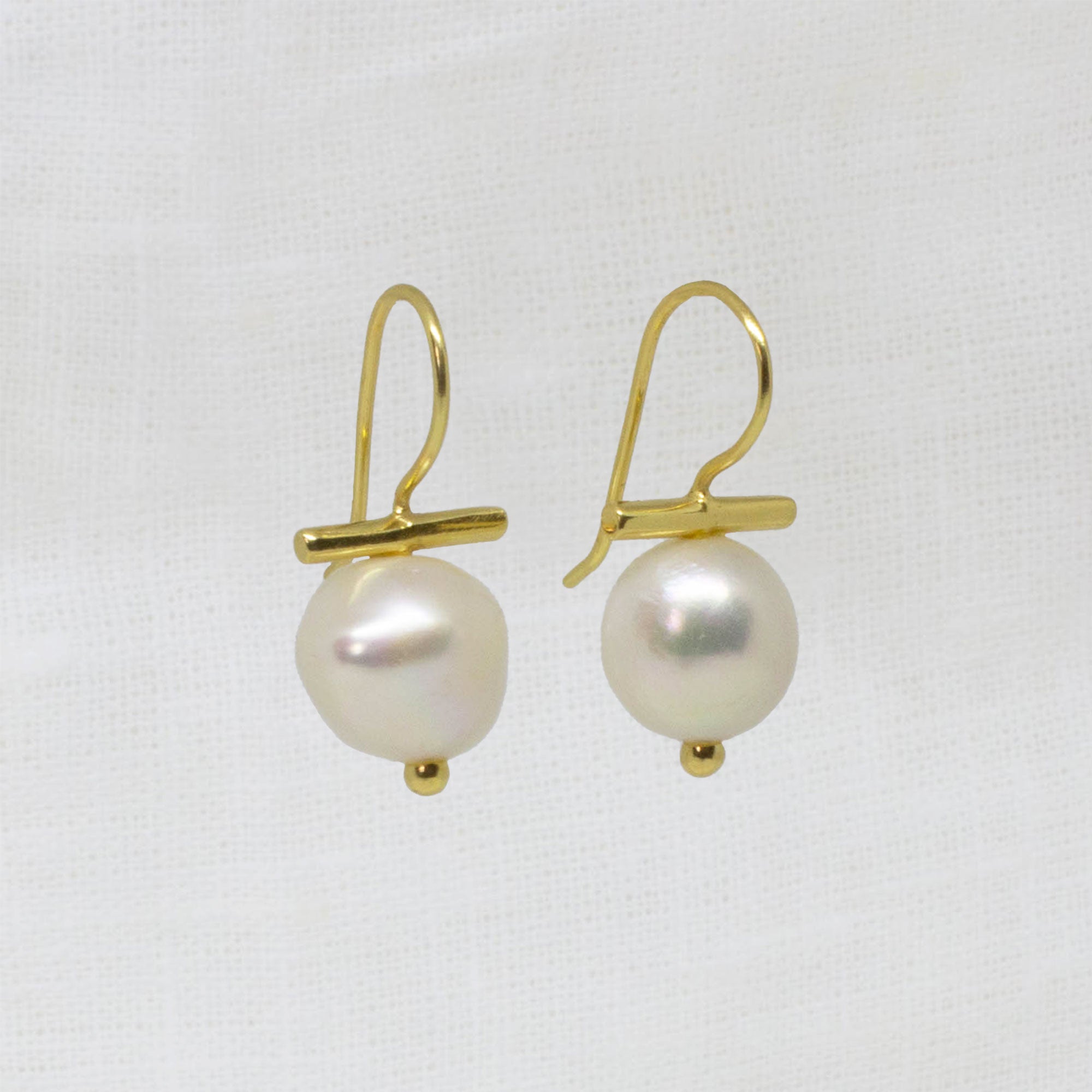 Gold T bar and irregular white pearl drop earrings