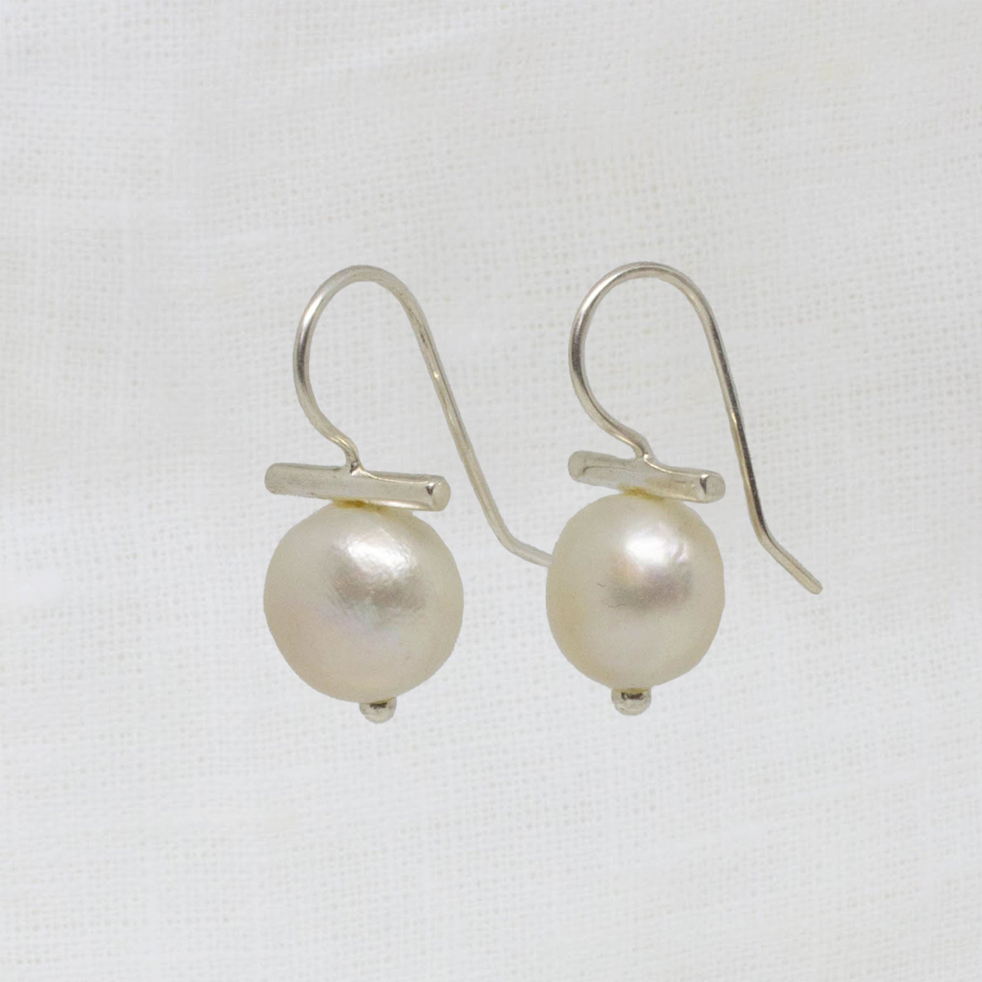 Sterling silver and white freshwater pearl T bar drop earrings
