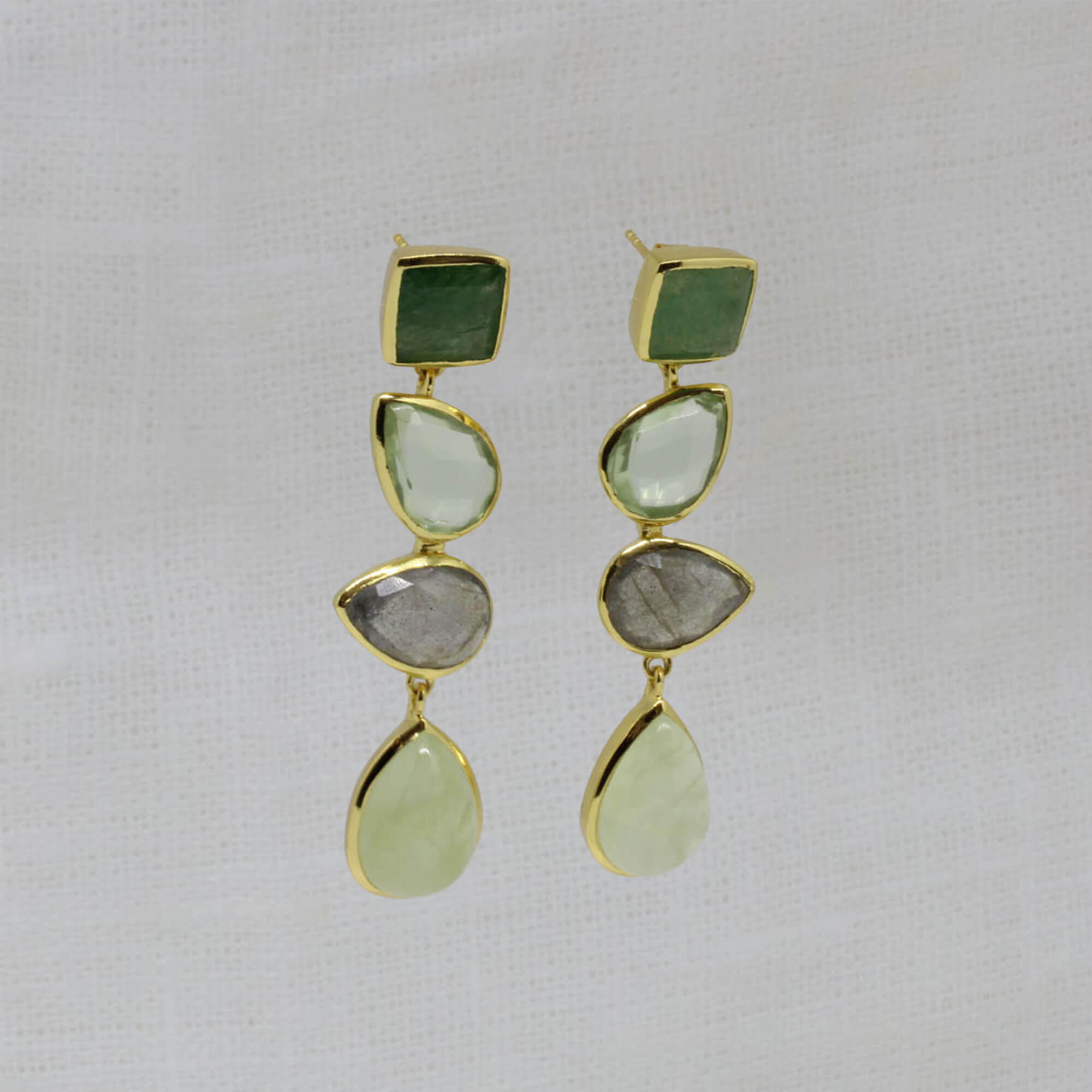 Green gemstone - aventurine, green amethyst, labradorite and prehnite - and gold vermeil long dangle earrings - Beyond Biasa