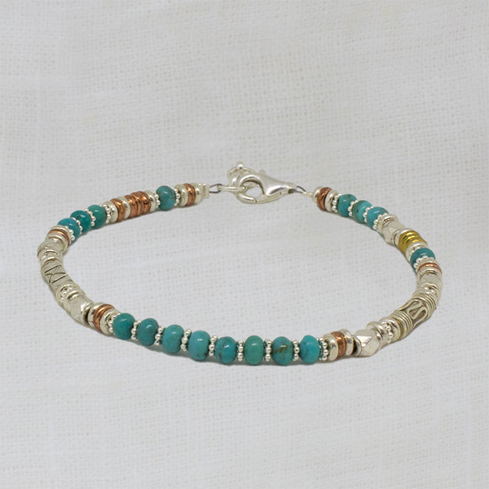 Turquoise, sterling silver, copper and brass beaded bracelet | Beyond Biasa