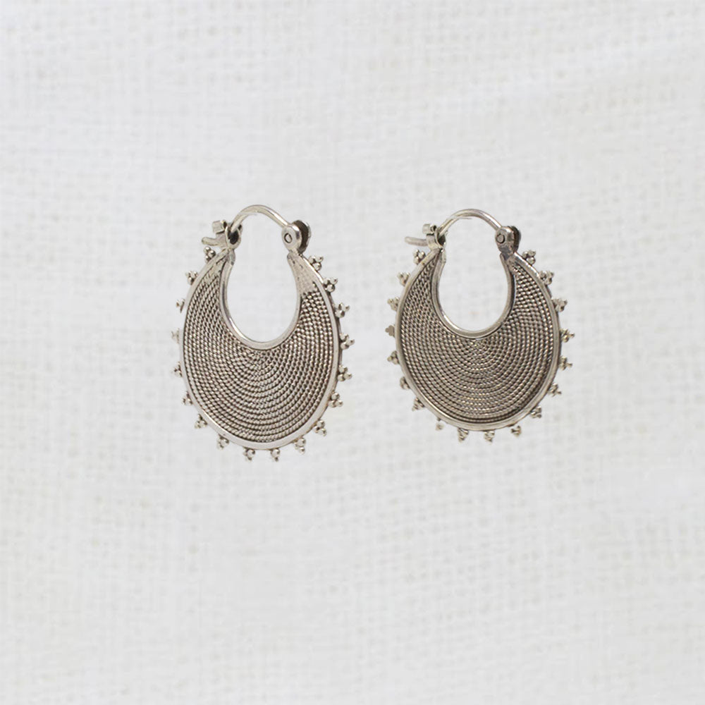 Sterling silver wirework flat hoop earrings with a bohemian style and subtle oxidised finish | Beyond Biasa