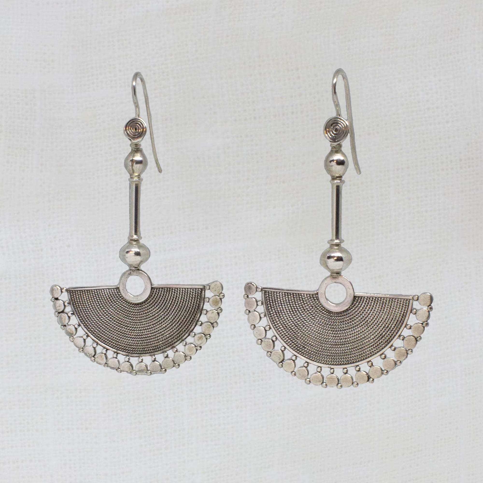 Large sterling silver fan shaped drop earrings with oxidised wirework detail and a hook fitting - Beyond Biasa