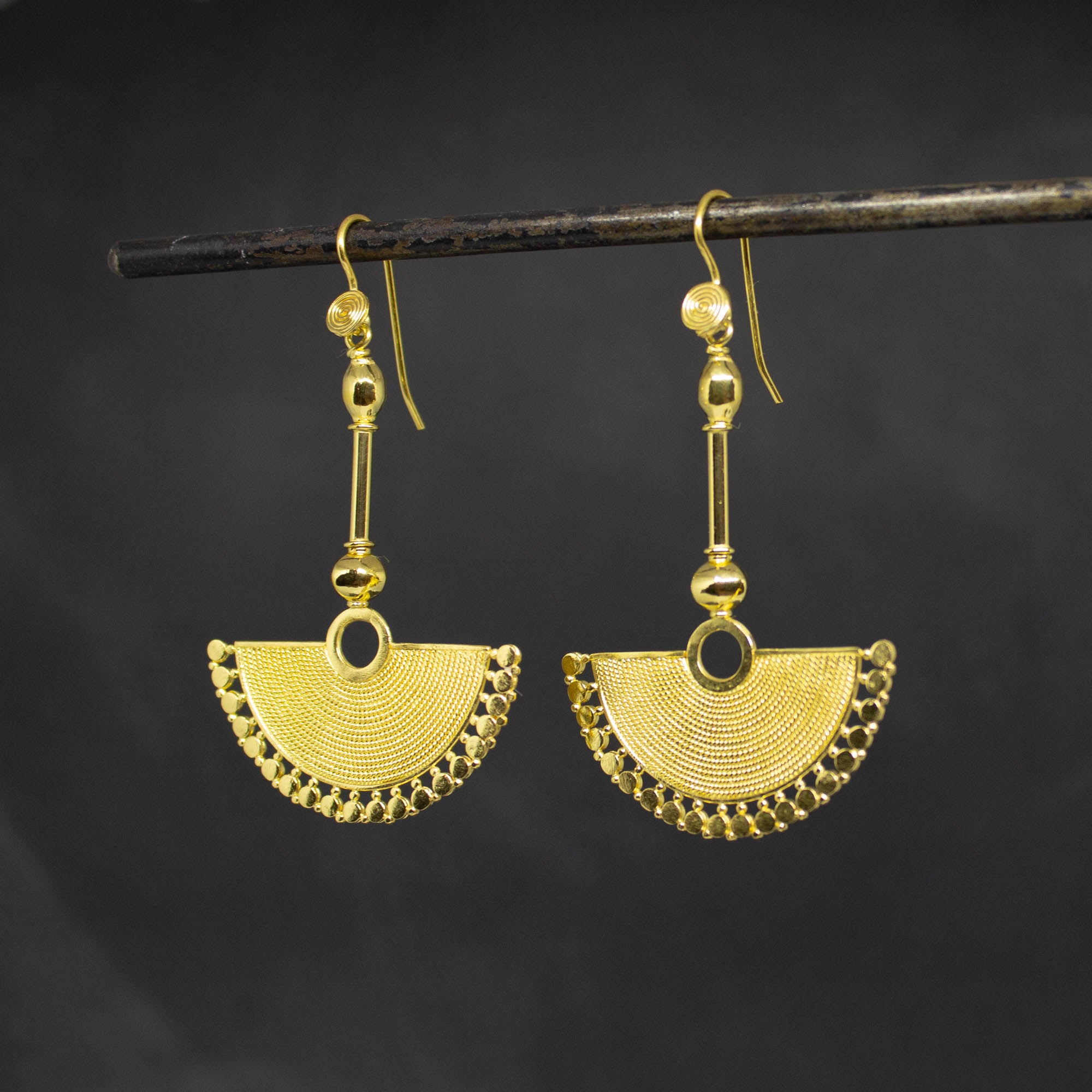 Large 18k gold vermeil fan shaped drop earrings with oxidised wirework detail and a hook fitting - Beyond Biasa