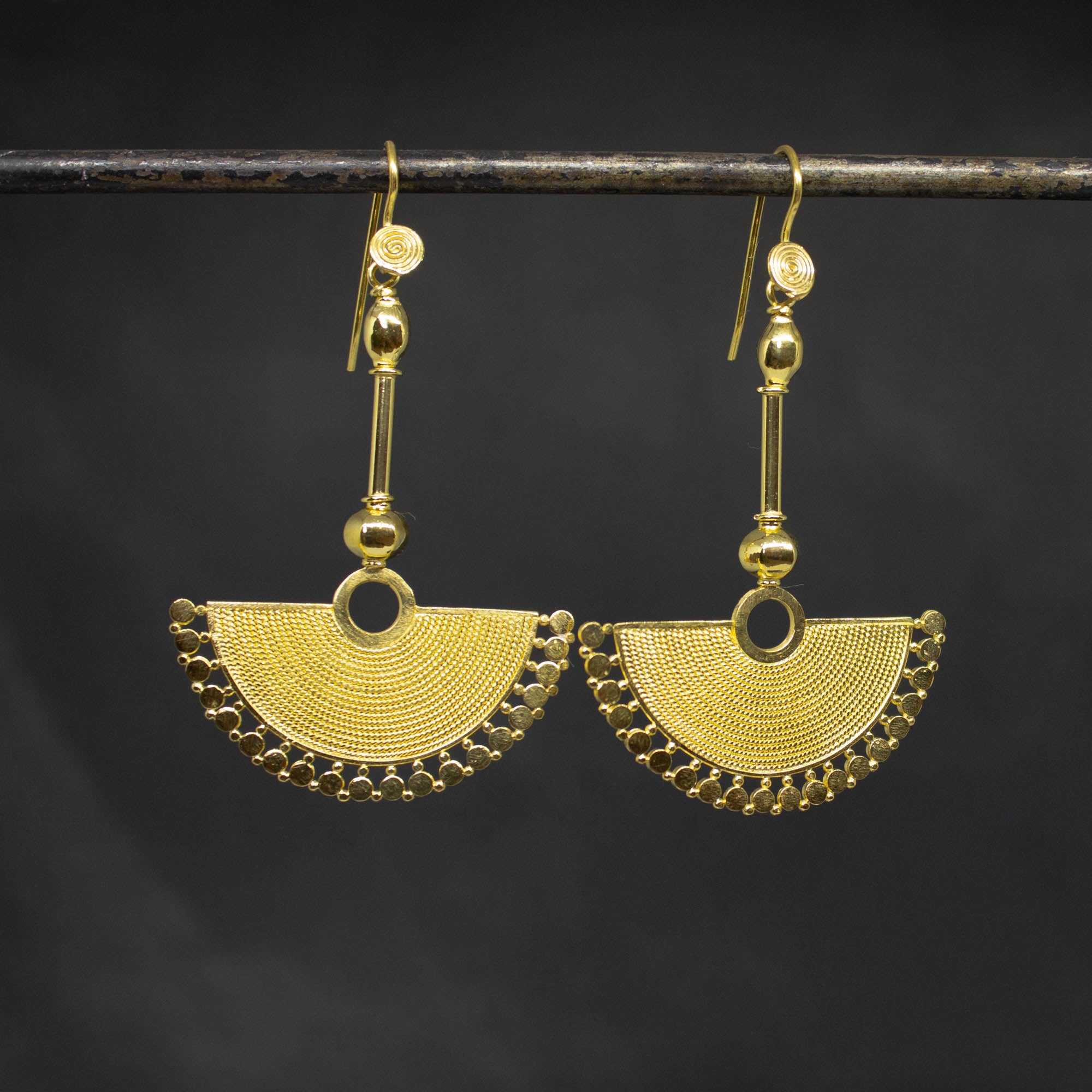 Large 18k gold vermeil fan shaped drop earrings with oxidised wirework detail and a hook fitting - Beyond Biasa