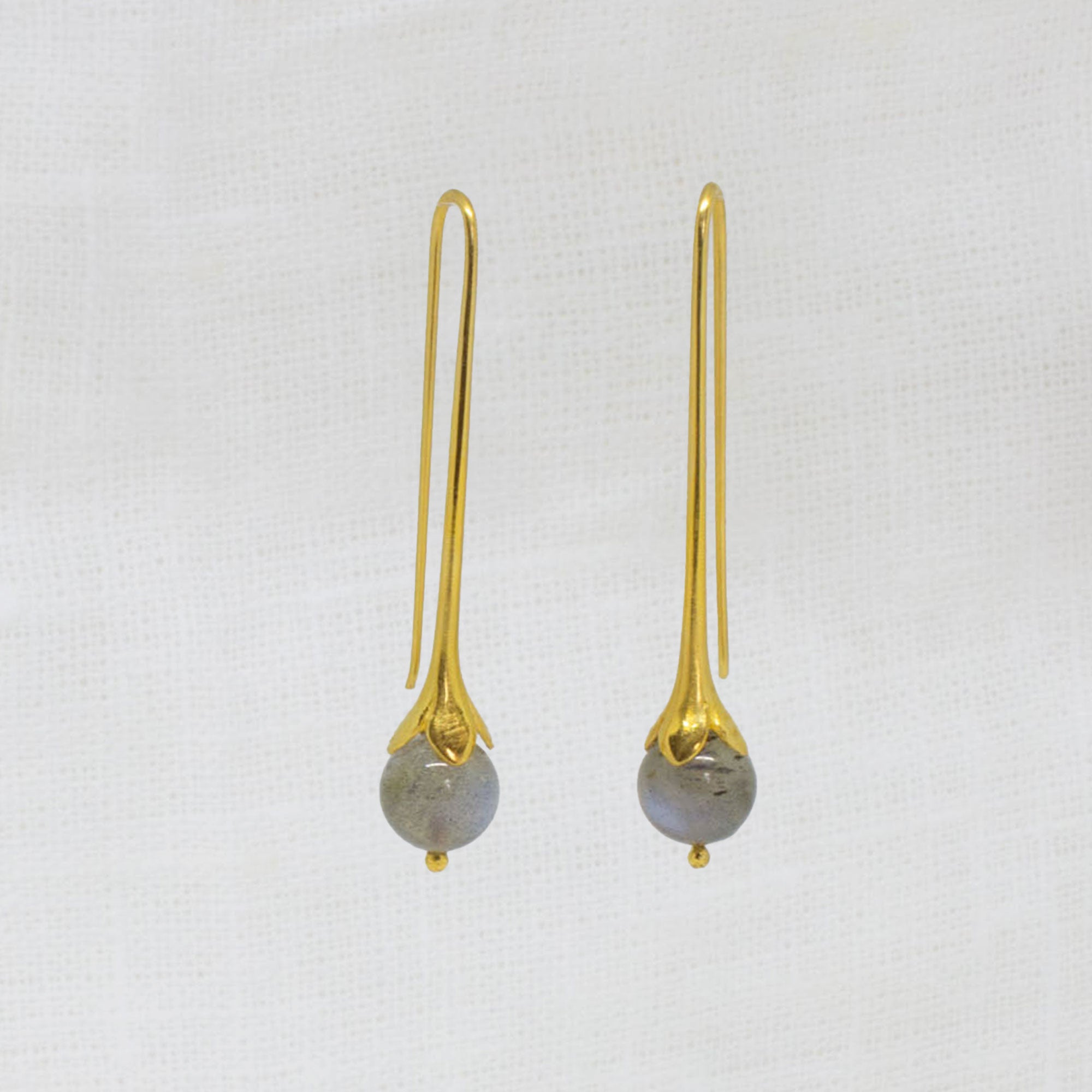 Art nouveau style gold vermeil long drop earrings with labradorite gemstones