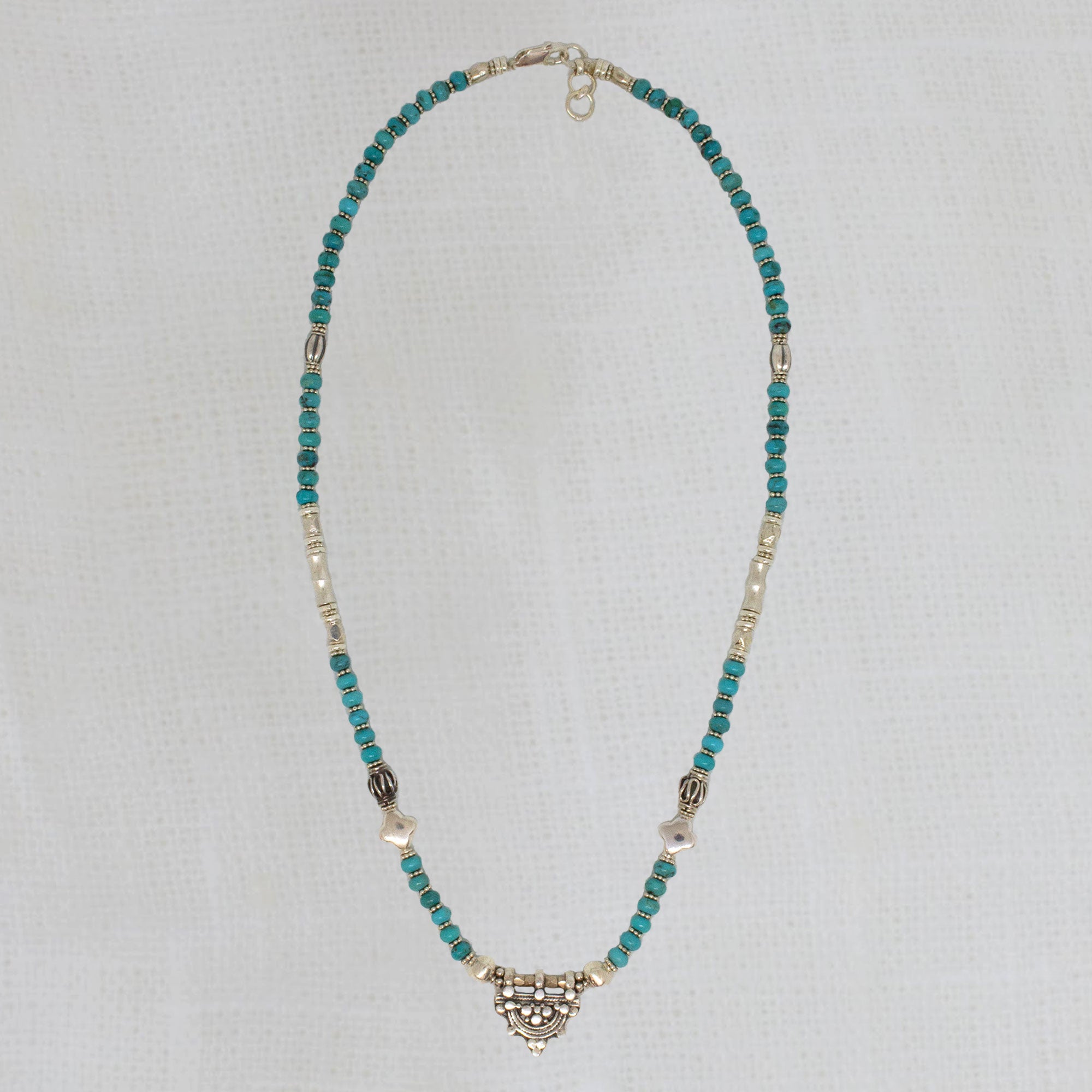 Natural turquoise and sterling silver gemstone beaded necklace with ethiopian telsum bead pendant charm | Beyond Biasa