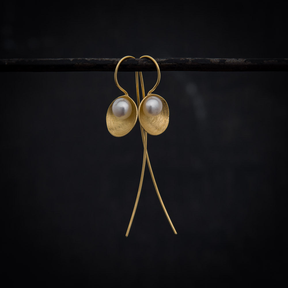 Freshwater Pearl Long Hook Earrings in Gold Vermeil - Beyond Biasa