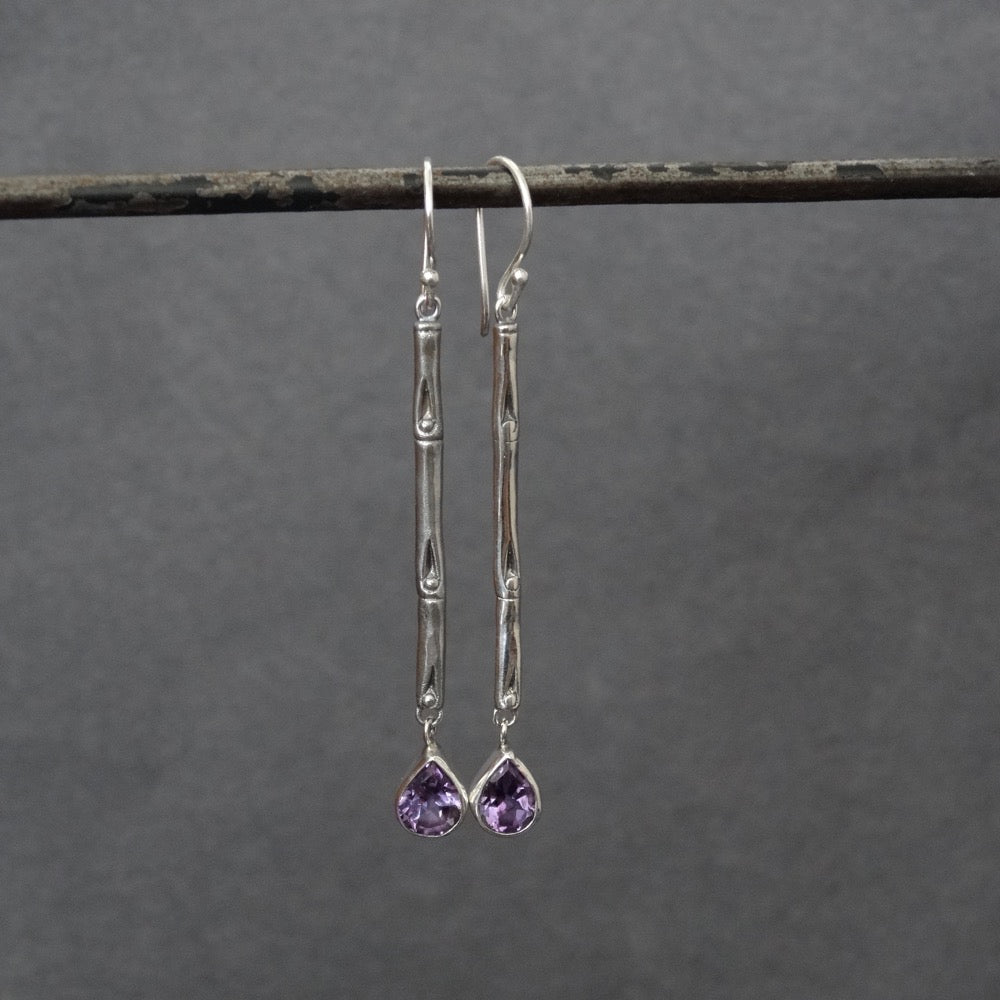 Sterling Silver Bamboo Drop Earrings with Amethyst - Beyond Biasa