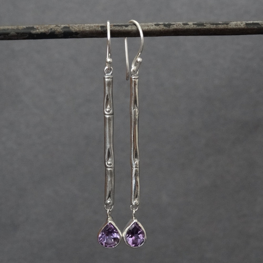 Sterling Silver Bamboo Drop Earrings with Amethyst - Beyond Biasa