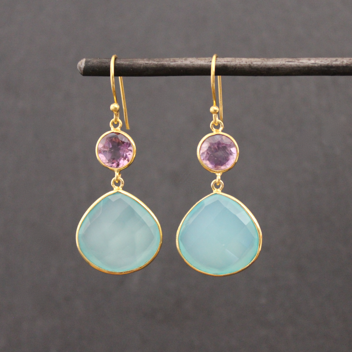 Aqua Chalcedony and Amethyst Drop Earrings - Beyond Biasa