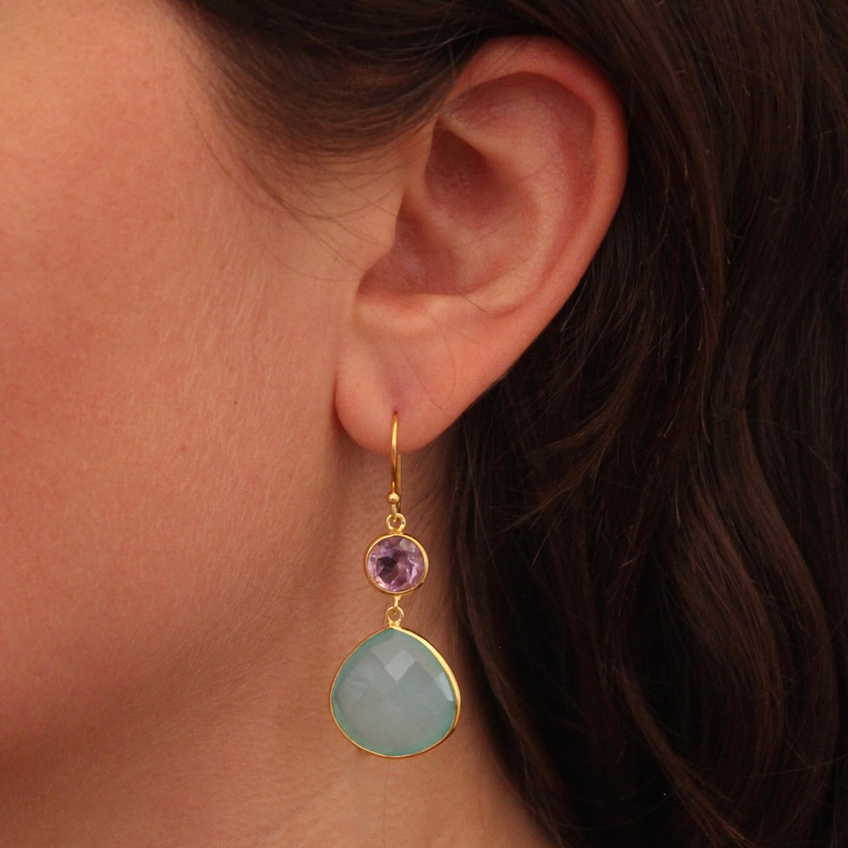 Aqua Chalcedony and Amethyst Drop Earrings - Beyond Biasa