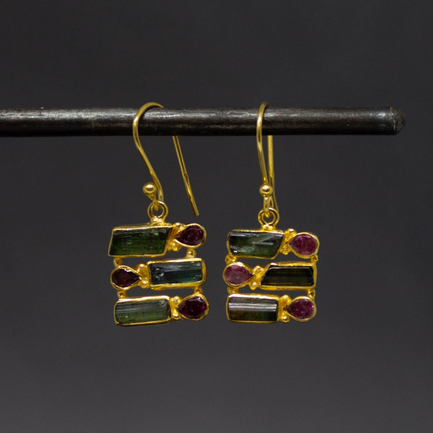 Raw Tourmaline Gemstone and Gold Square Drop Earrings - Beyond Biasa