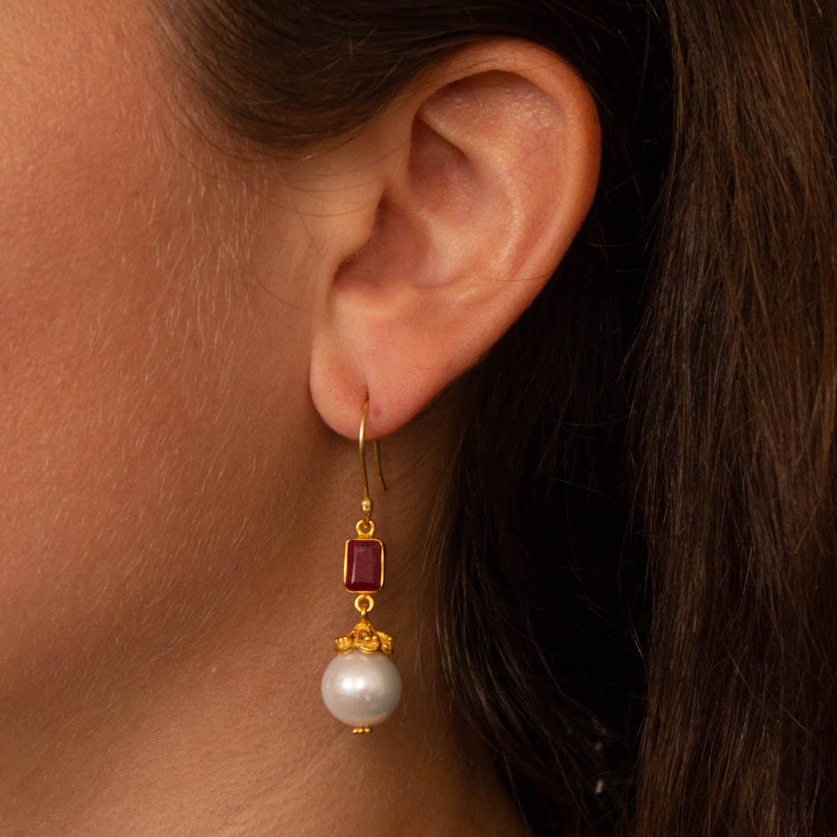 Pearl and Ruby Intricate Drop Earrings