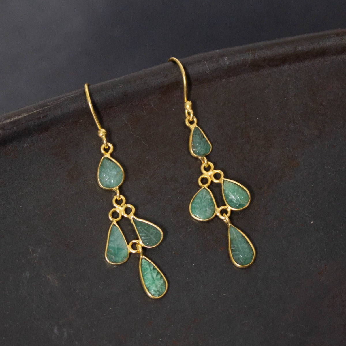 Carved Emerald and Gold Dangle Earrings - Beyond Biasa