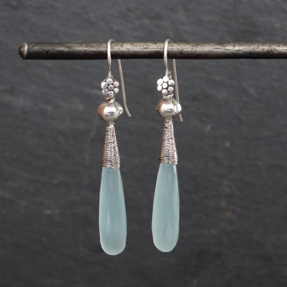 Aqua Chalcedony and Silver Granulation Earrings - Beyond Biasa
