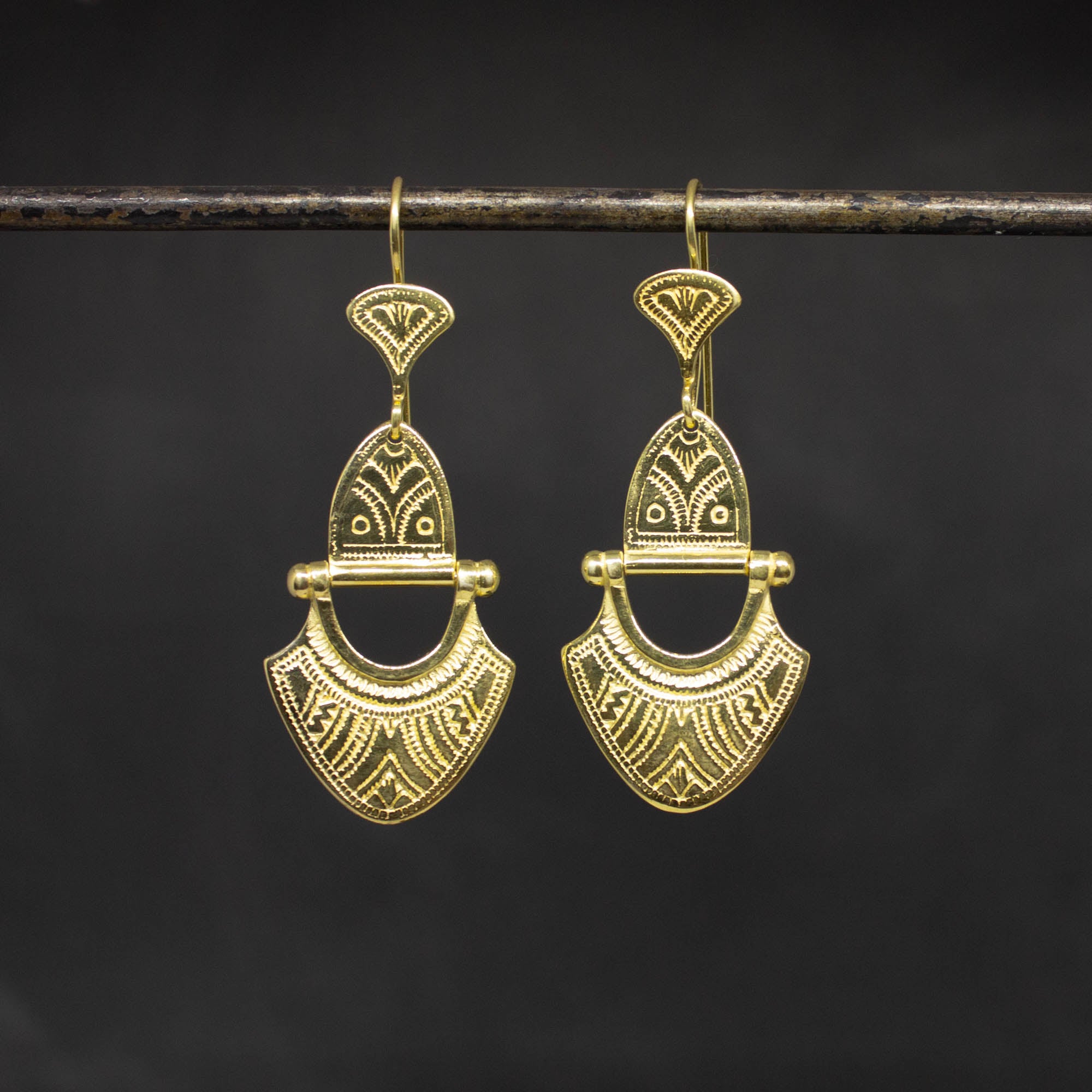 18k gold vermeil hinged tuareg inspired drop earrings with a hook fitting | Beyond Biasa