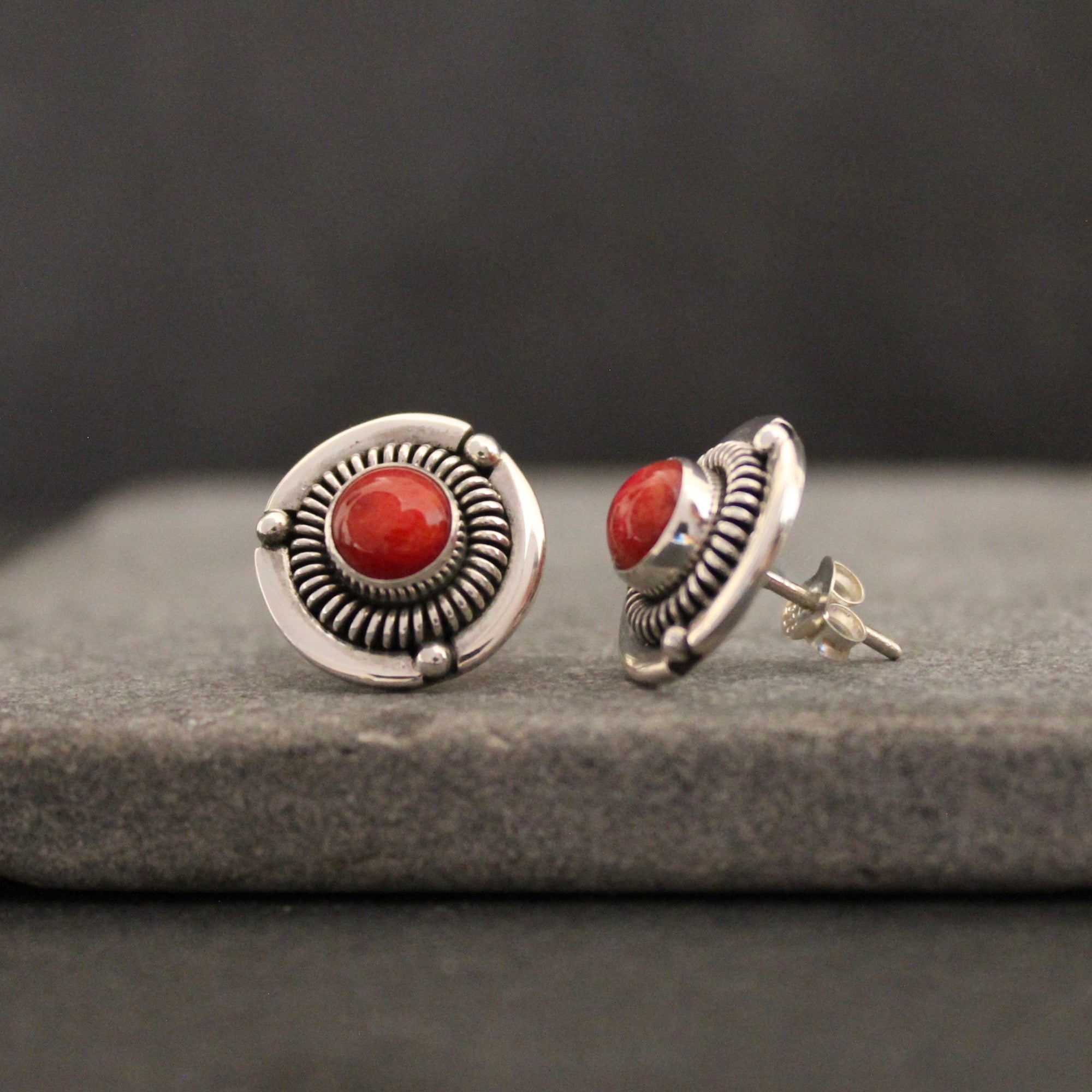 Coral and Silver Detailed Stud Earrings - Beyond Biasa