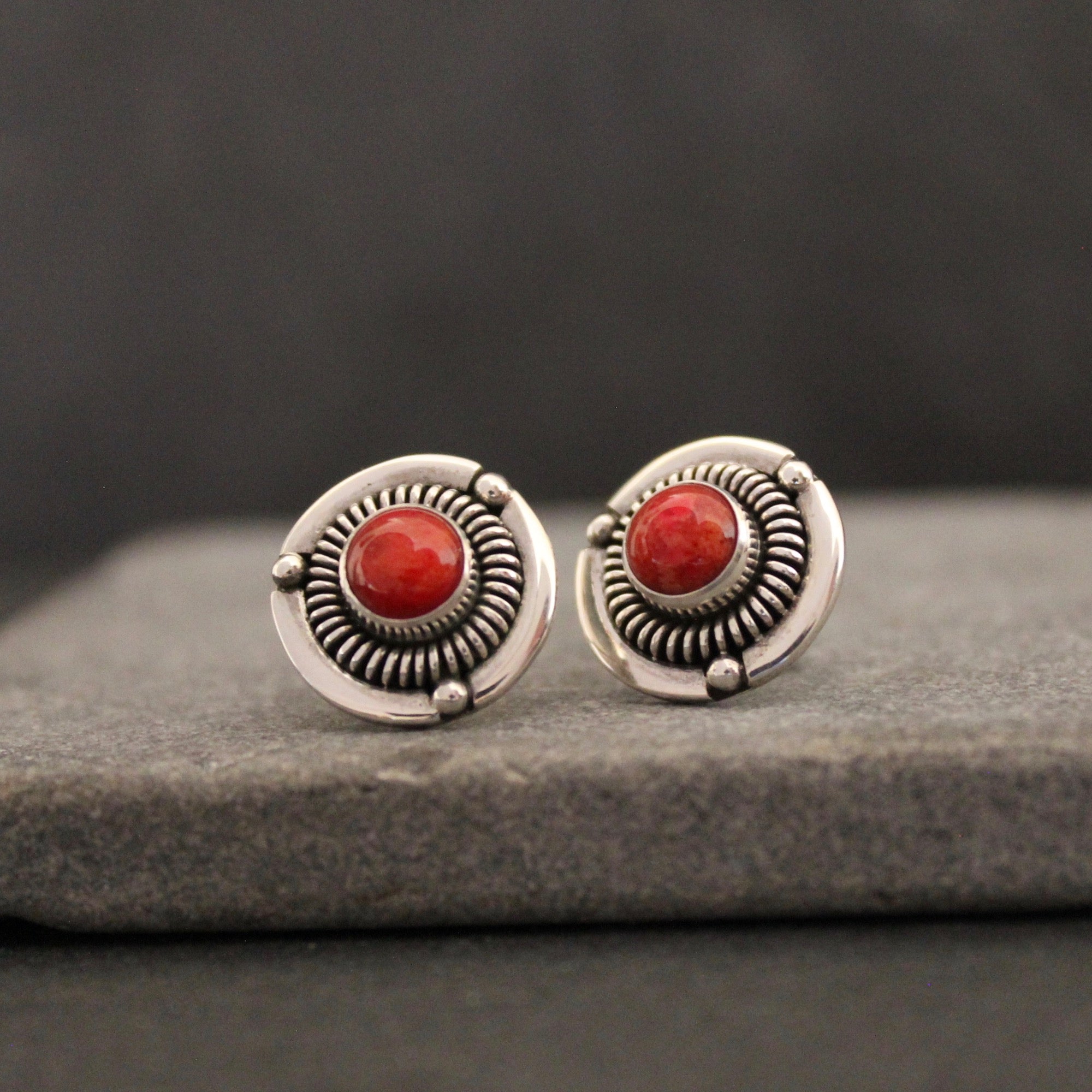 Coral and Silver Detailed Stud Earrings - Beyond Biasa