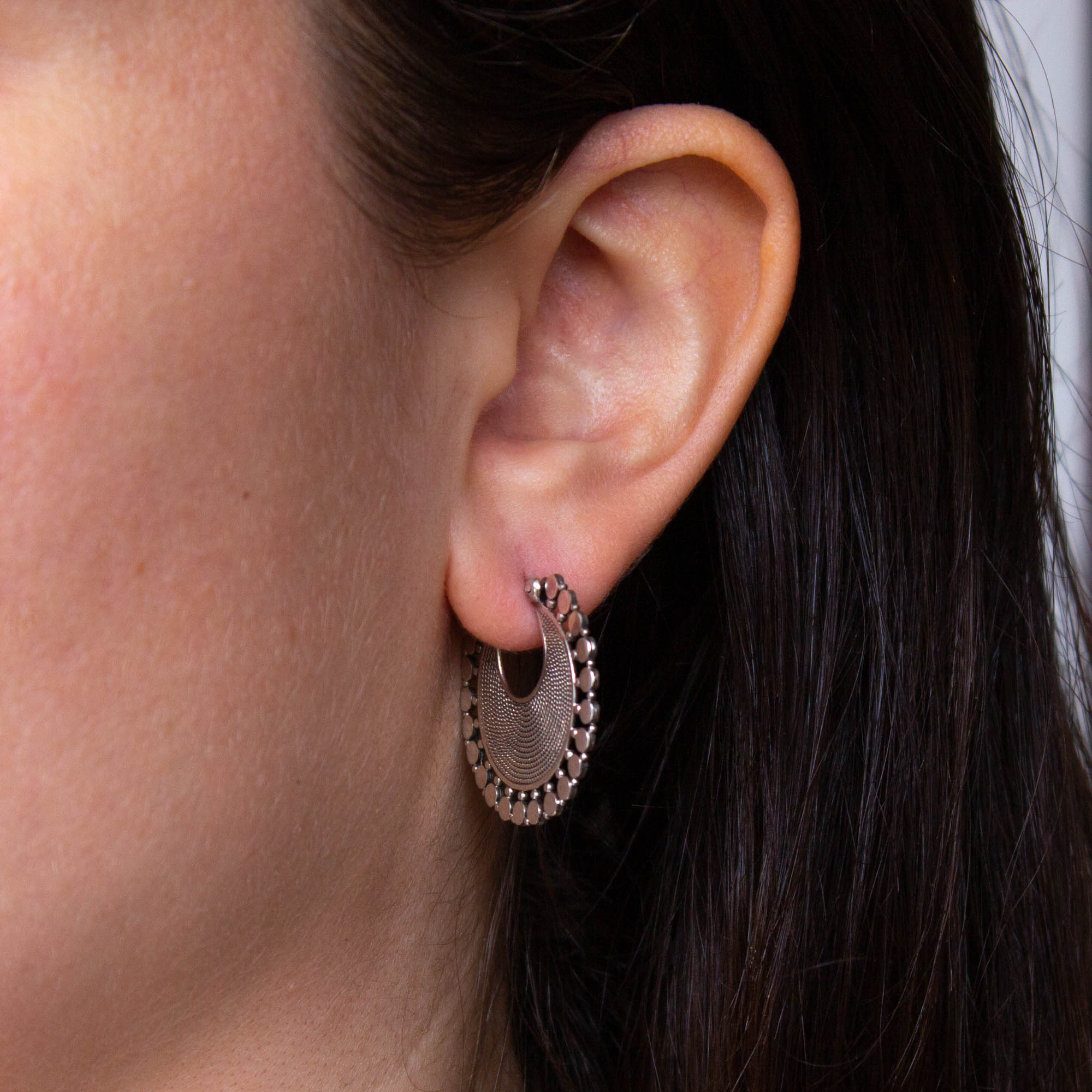 Model wearing Oxidised Sterling Silver Wirework Flat Hoop Earrings | Beyond Biasa