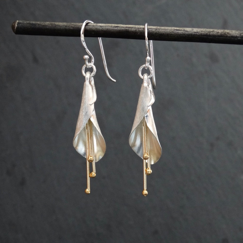 Brushed Silver and Gold Vermeil Flower Drop Earrings - Beyond Biasa