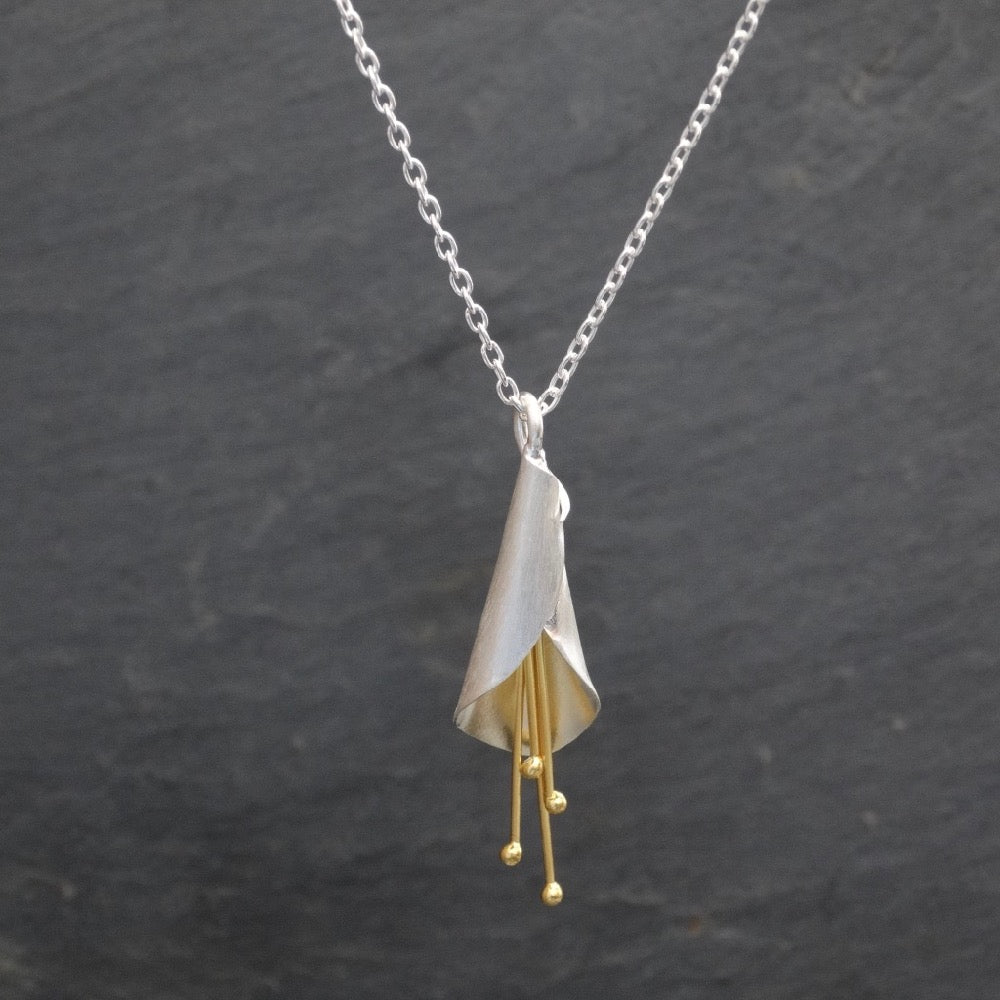 Brushed Silver and Gold Vermeil Flower Pendant - Beyond Biasa