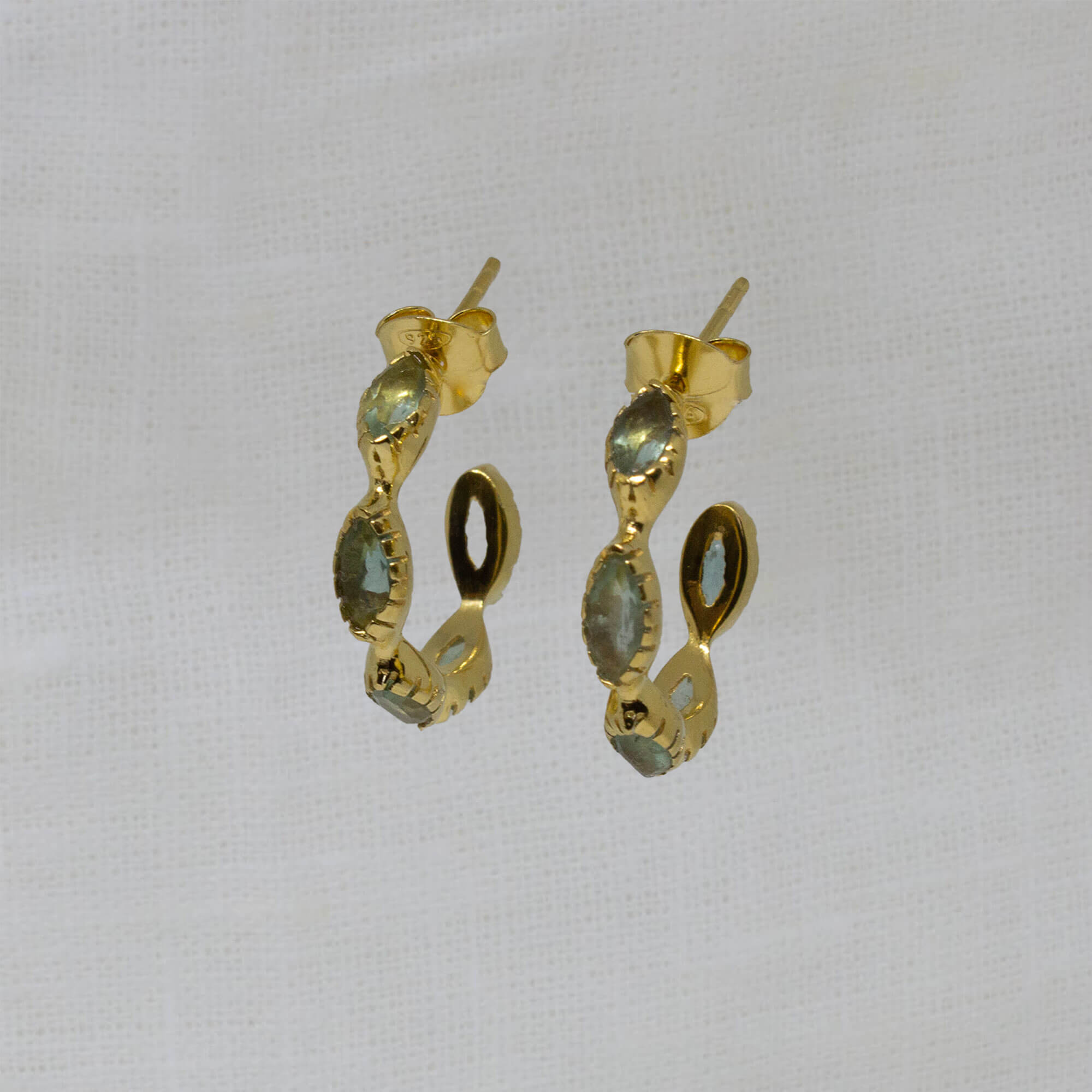 Small apatite gemstone hoop earrings in 18k gold vermeil with a stud fitting - Beyond Biasa 