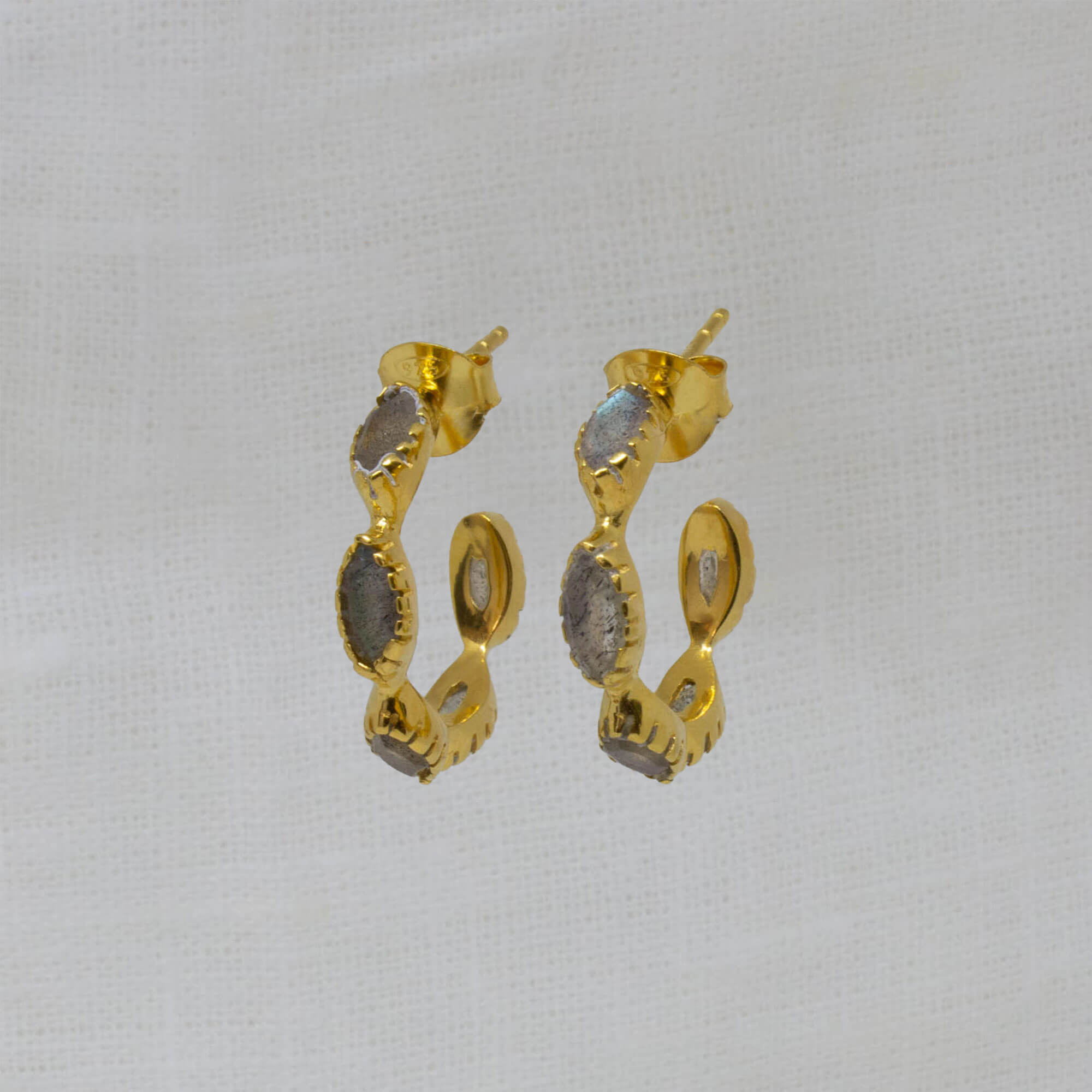 Small labradorite gemstone hoop earrings in 18k gold vermeil with a stud fitting - Beyond Biasa 