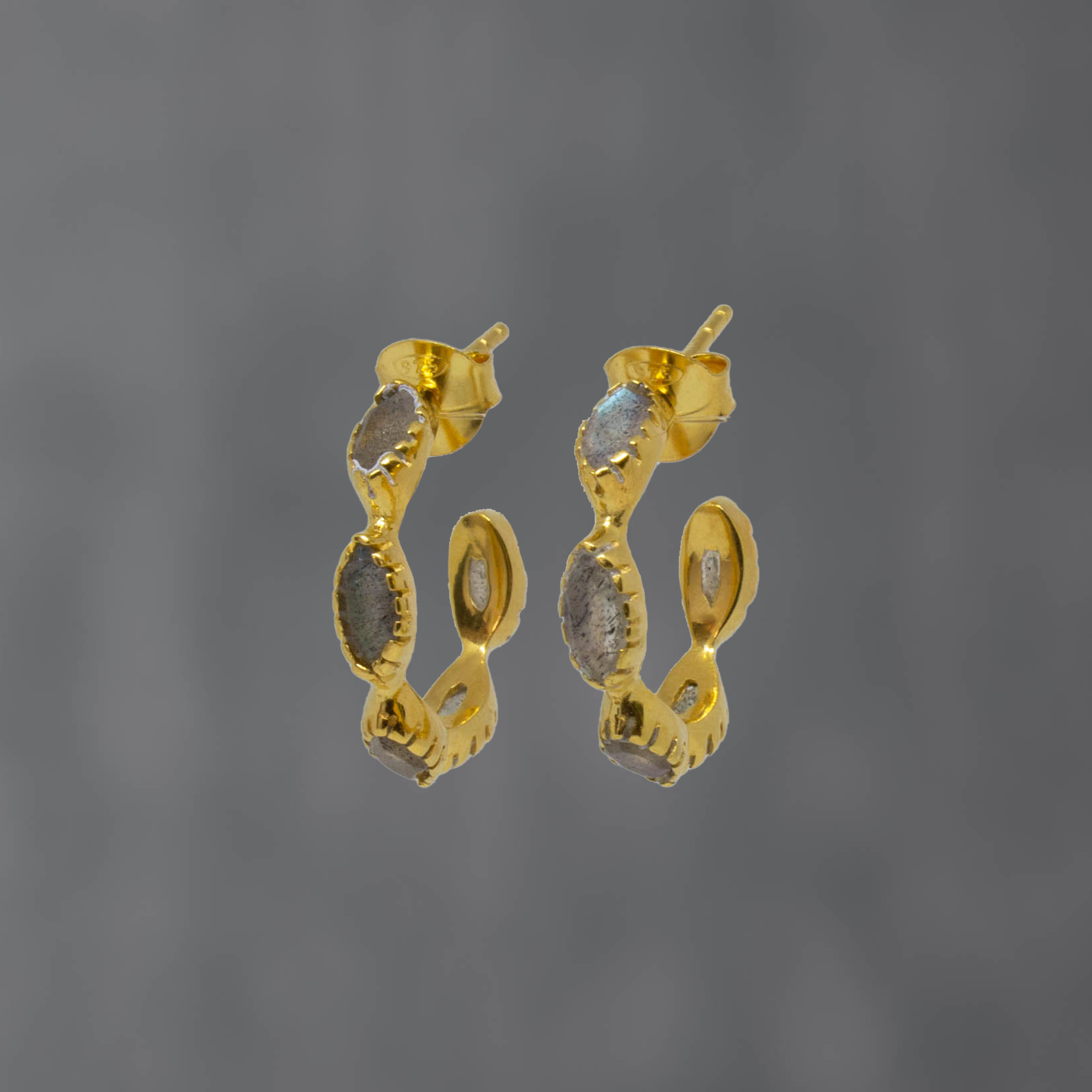 Small labradorite gemstone hoop earrings in 18k gold vermeil with a stud fitting - Beyond Biasa 