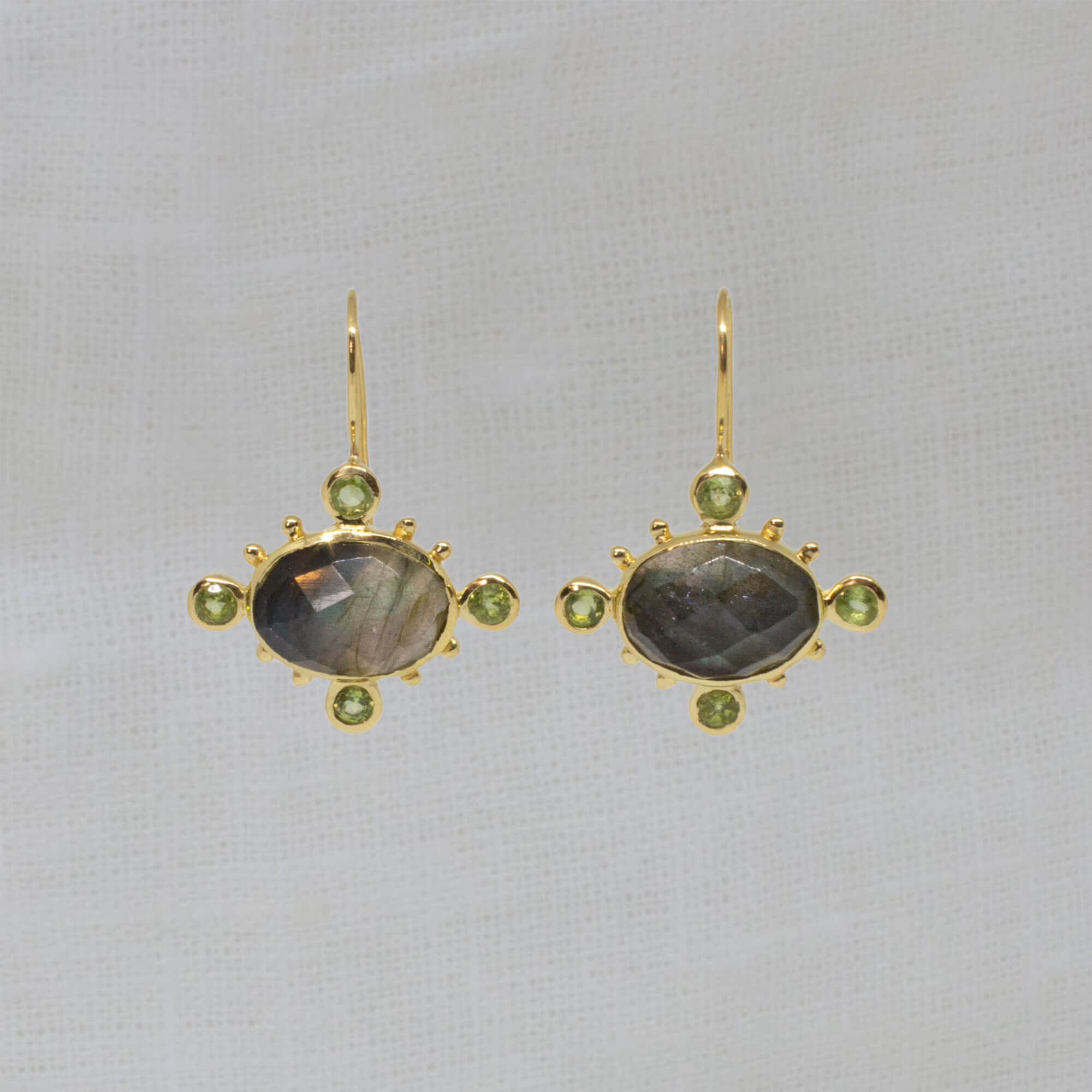 Labradorite with Peridot Gemstone earrings in 18k gold vermeil with a hook fitting - Beyond Biasa 