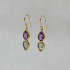 Amethyst and Green Amethyst Double Teardrop dangle earrings in 18k gold vermeil with a simple hook fitting 