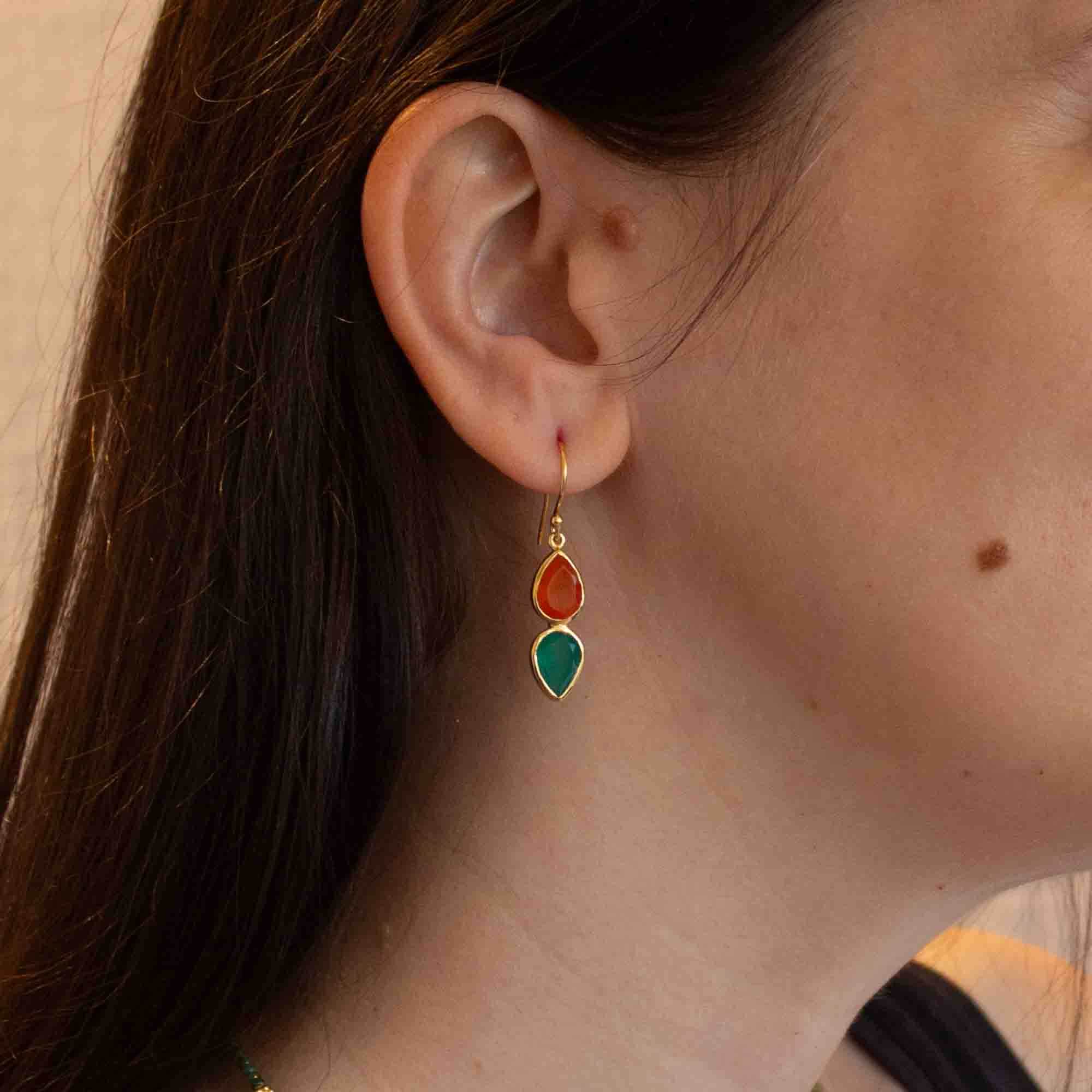 Carnelian and Green Onyx Double Teardrop dangle earrings in 18k gold vermeil with a simple hook fitting 