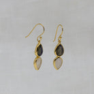 Labradorite and Rainbow Moonstone Double Teardrop dangle earrings in 18k gold vermeil with a simple hook fitting 