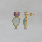 Aqua chalcedony, amethyst and pearl statement stud earrings in hammered 18k gold vermeil - Beyond Biasa